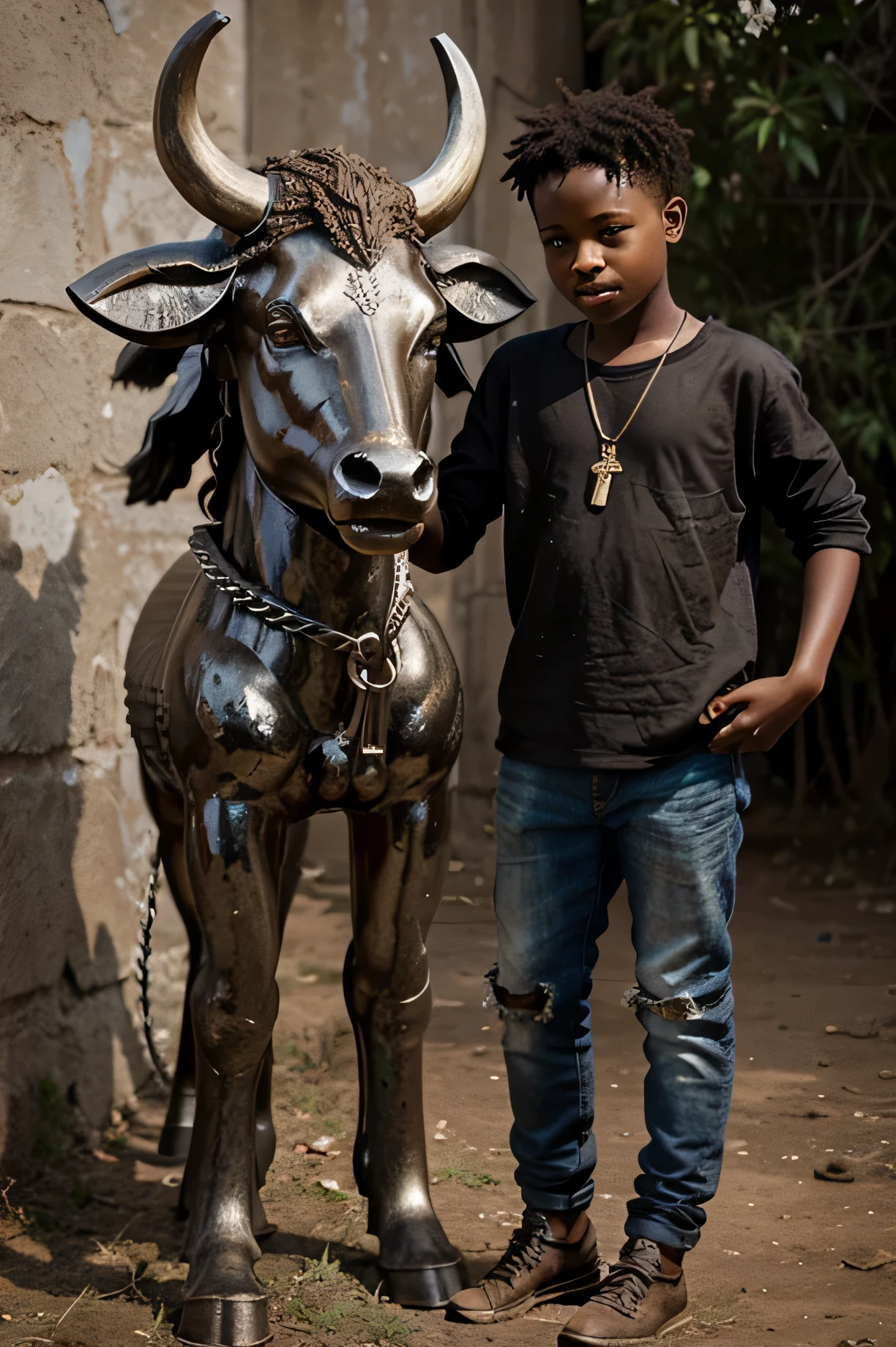 The image depicts a young African boy with a magnificent metal sculpture of a buffalo. The sculpture is made out of chains and scrap metal, and it is incredibly detailed. The boy is holding onto the sculpture with a chain, and he has a look of awe on his face. The background of the image is a blur of brown, which suggests that the boy is in a rural area. The image is a beautiful and thought-provoking depiction of the relationship between humans and animals.