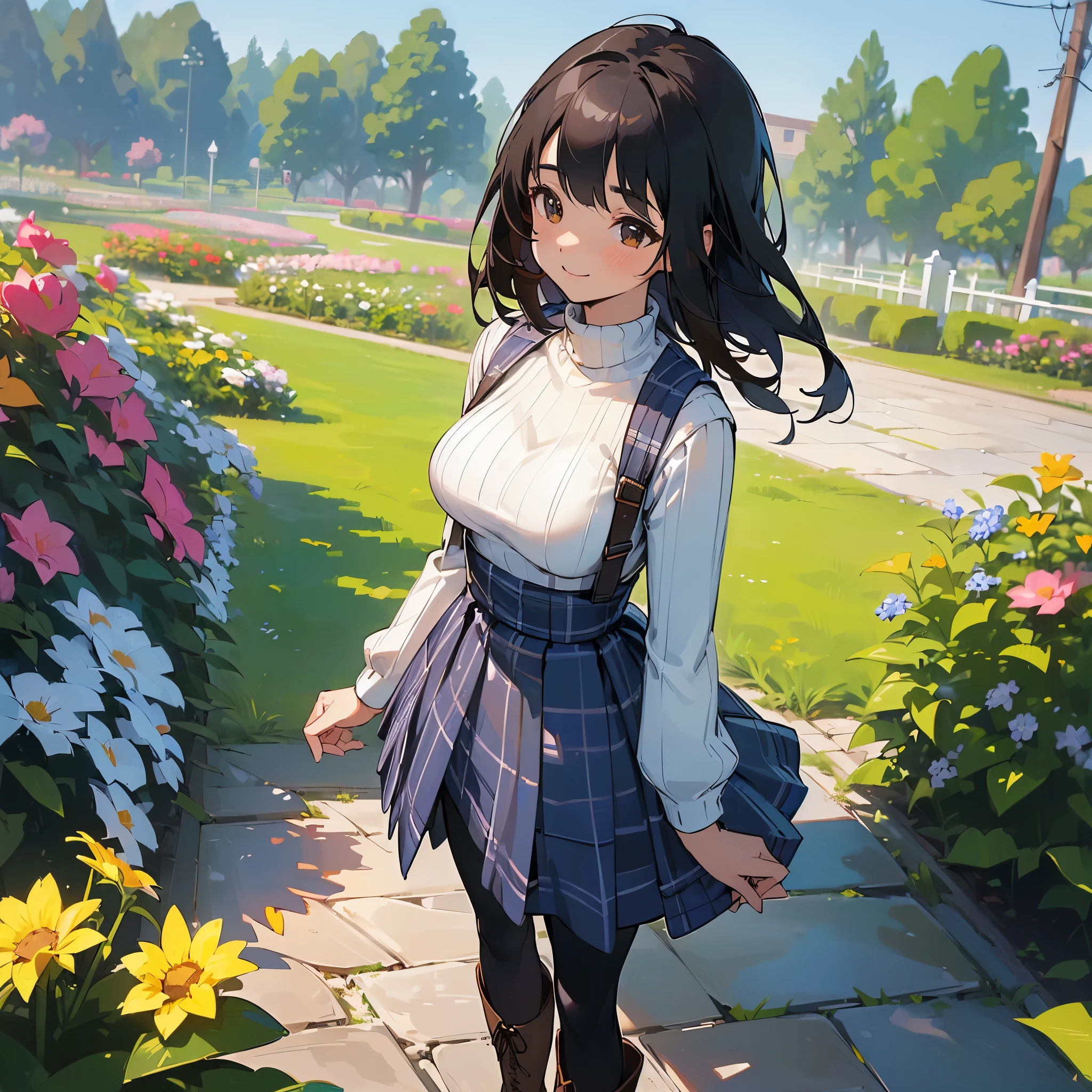 (high quality, High resolution, Super detailed, reality:1.37), peaceful atmosphere, (outdoor, garden), teenage girl standing alone, (my breasts are big.), Beautiful detail features, cute smile, (black bob hair), ribbed sweater, blue plaid skirt, black tights, brown boots.
