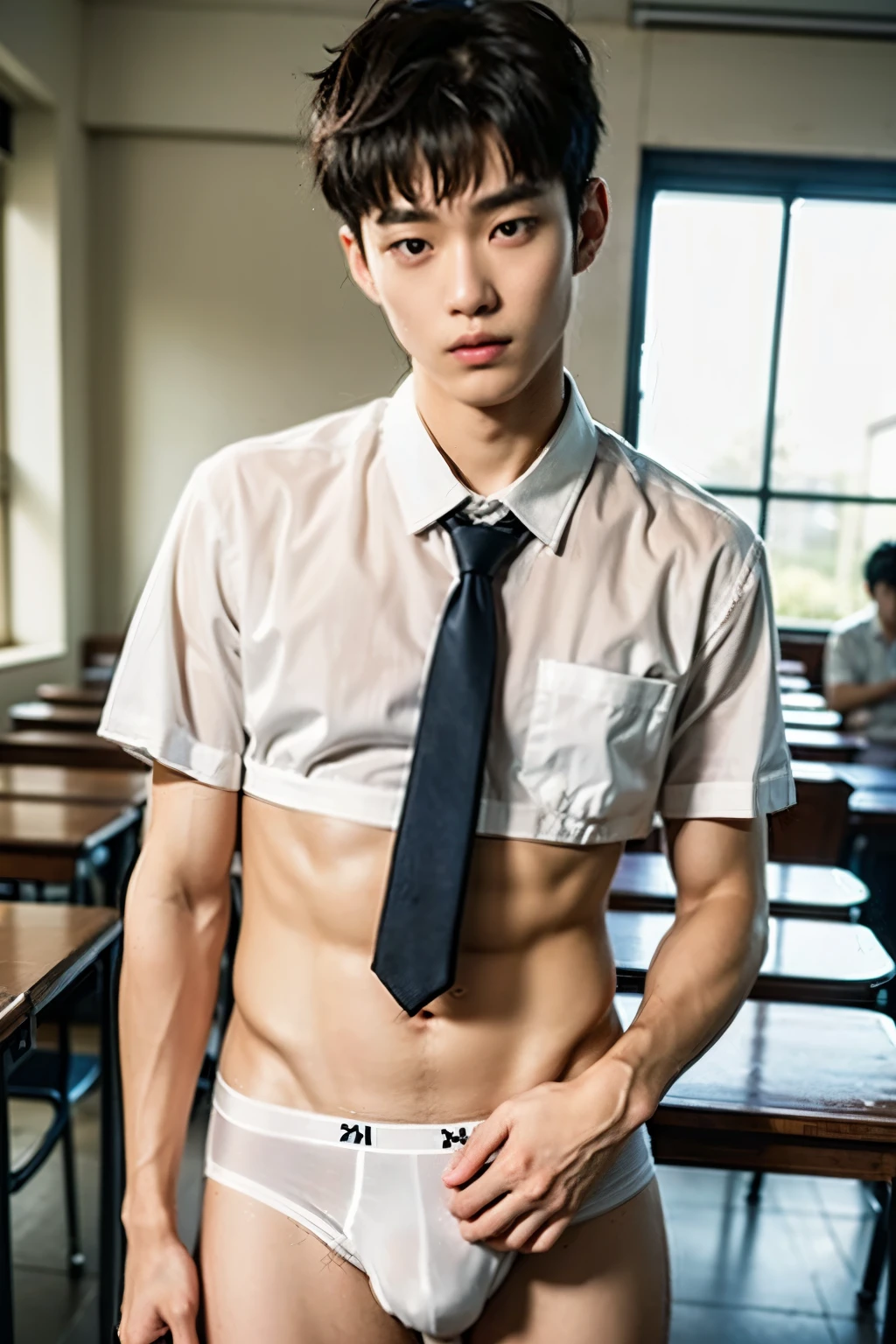 Super Realistic photography, PROUDLY SHOWING OFF HIS BODY, white uniform shirt, UNIFORM, Cute tern student Wearing uniform shirt, NO PANTS, CLOSED UP DETAILED, sexy student, wearing soaked unbutton white shirt, ABS EXPOSED, Very wet body, very wet, crowded classroom, wearing socks, pantless just wearing soaked white micro undies, Showing off his very hairy armpits, Slim fit body, ager body, Shota, very cute boy face, 17 y, Very young teenager boy, Amg classroom scenery, in the middle of Crowded classroom, dickprint, Sweat dripping all over the body, Proudly showing off his sweaty very hairy armpits to student in the classroom, The colors are bright and vibrant, enhancing the overall aesthetic. The lighting is soft and natural, casting a soft glow on the boy, don't merge body's, detailed eyes and lips, sixpack and fit body. Image quality is of the highest standard, with ultra-detailed features and a realistic appearance.