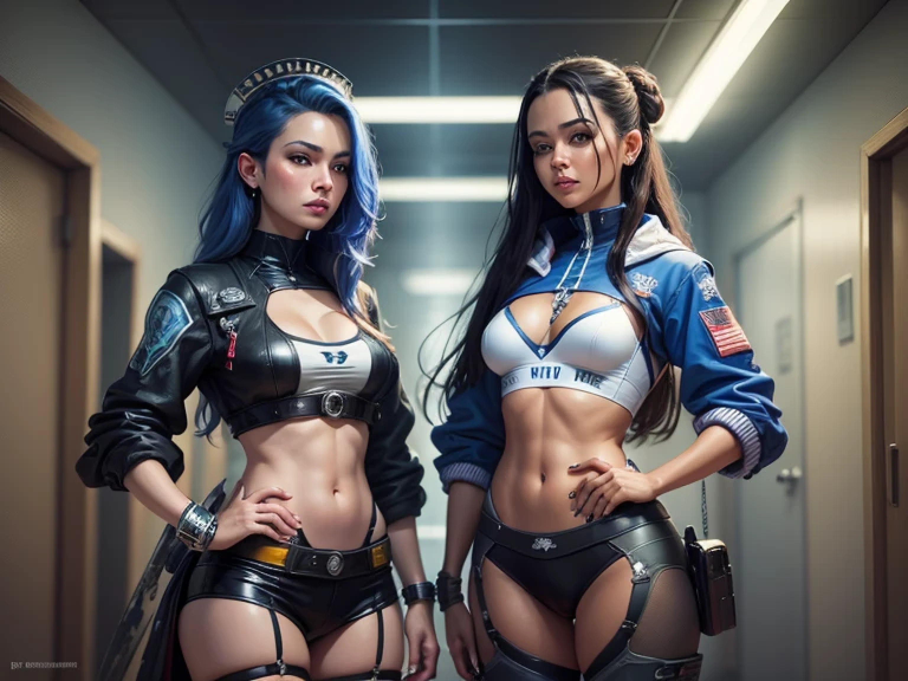 two women in costumes are in a room, As Lady Mechanic, static painting of Prometheus, pintura do corpo azul, Ornamentos Cyberpunk, Imperatriz Asteca, cinematic details, Guardas, cena da varanda, solarpunk, Dirigido por: Leon Wyczółkowski, sisters, Japanese CGI, Imperatriz Cazaque, close-up do personagem