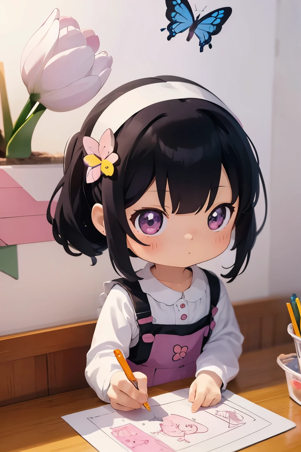 The following scenes will be expressed using chibi girl dolls.(Photoreal、A girl is drawing pictures of tulip flowers and butterflies on the wall with crayons.、The picture is a 's doodle, but it's very colorful.)