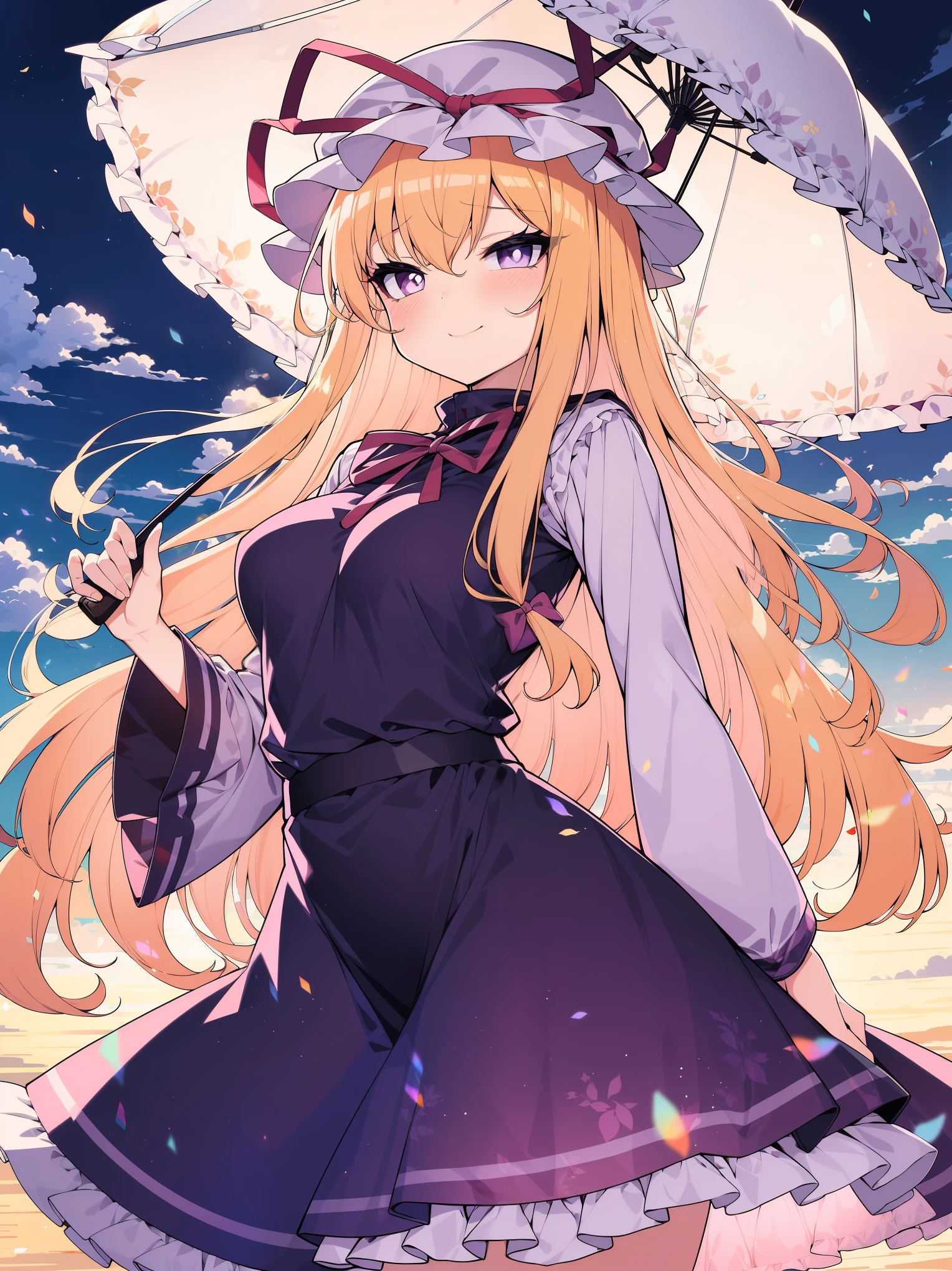 (masterpiece), (cowboy shot), (best quality, ultra-high resolution, depth of field:1.2), Touhou project, Yukari Yakumo, (Purple eyes), bright eyes, (blond long hair), loose hair, medium breasts, loose clothes, loose dress, (wearing a purple dress), (frills), (long skirt), mob cap, thin red tied bow, Japanese shrine scenery, holding, a pink elegant parasol, seductive smile, squinting eyes, blush