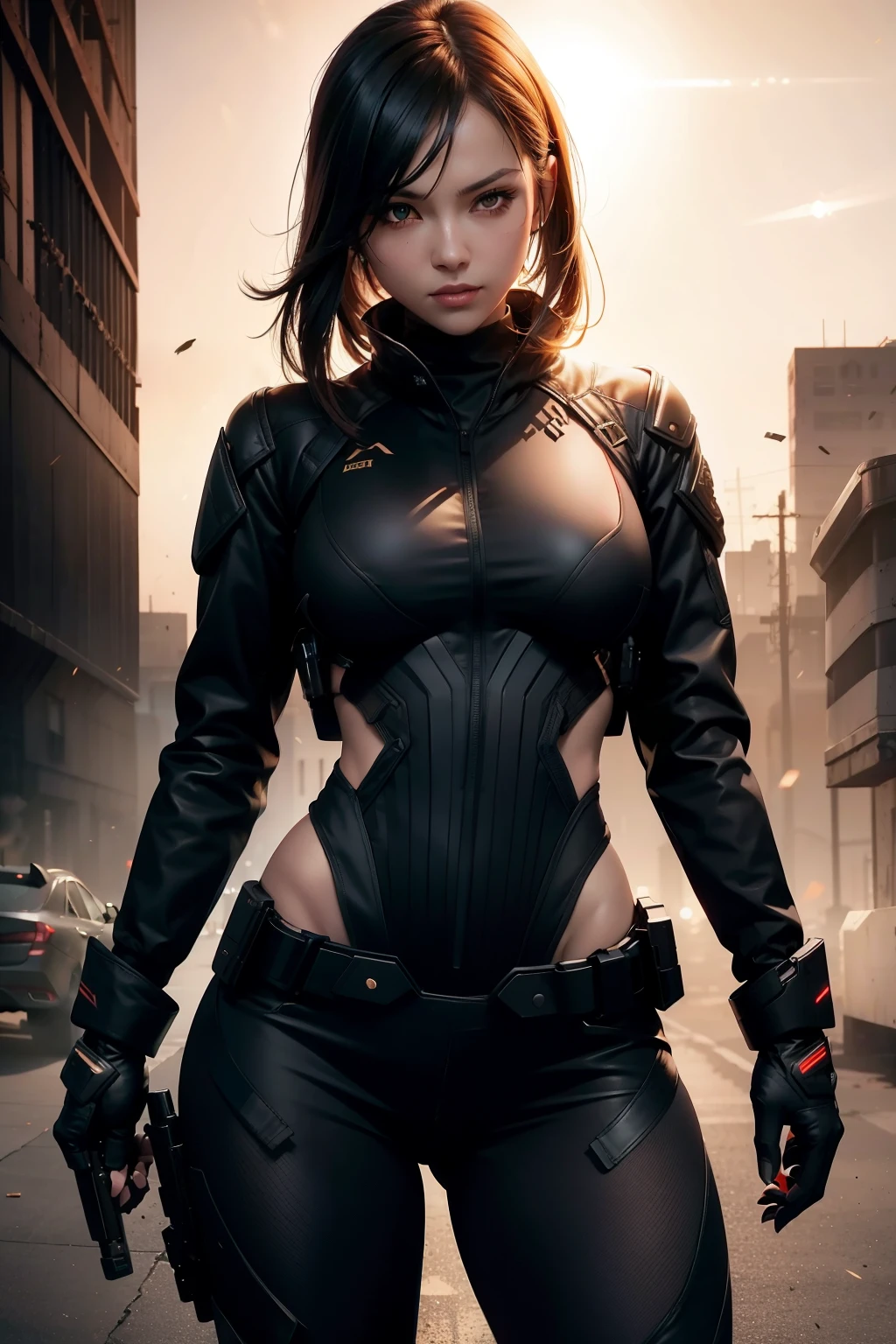 Waist up beauty girl in black body tatical combat suit holding two guns, cover in GTA aesthetic style, golden hour illumination, sharp focus, (masterpiece), best quality, expressive eyes, perfect face, glowing