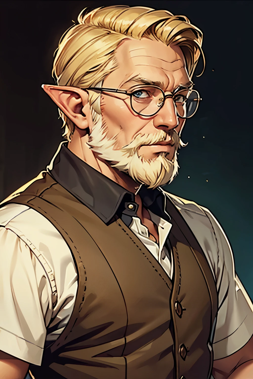 Older man, elven, brown eyes, short hair, blonde hair glasses, beard, blonde hair. suspenders, mayor