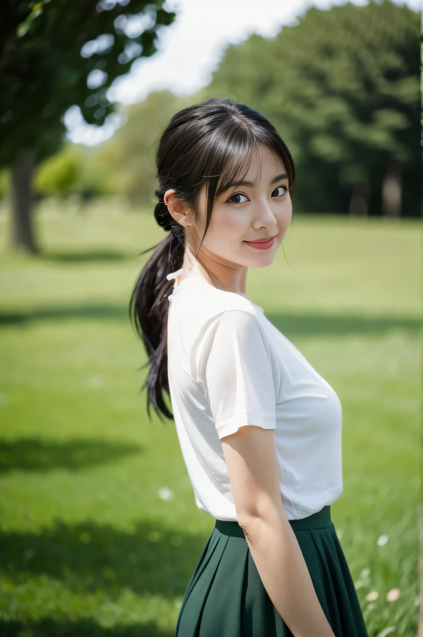 highest quality,masterpiece,32k,realistic,incredibly absurd,Depth of the bounds written、blur background、natural light profile,perfect female body,Photos of beautiful Japanese women,25 year old girl,looking at the viewer,grassland,ponytail,black hair,T-shirt,mini skirt,Happy,