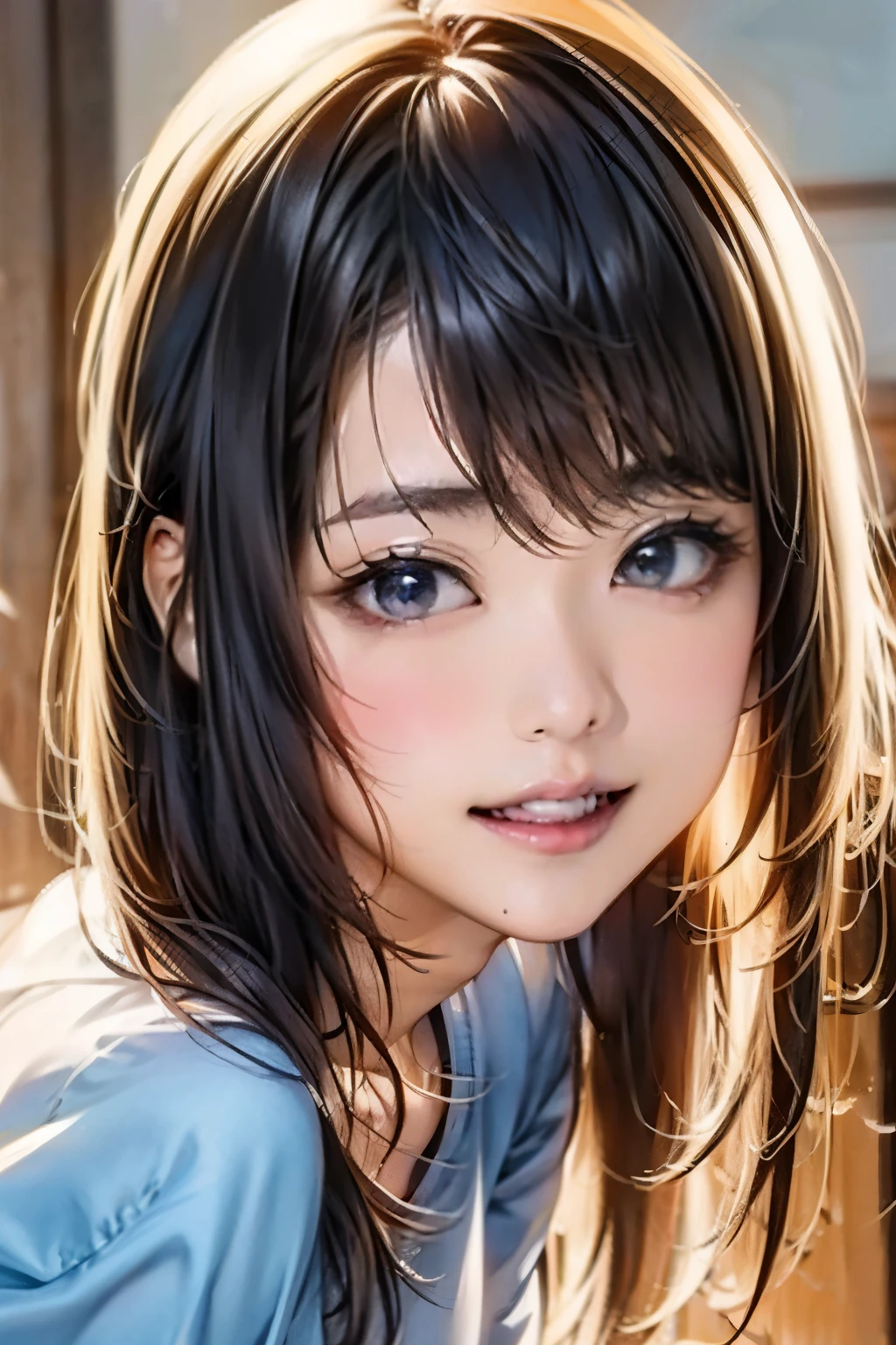 (8K, Raw photo, highest quality, masterpiece:1.2), (realistic, photo-realistic:1.37), Super detailed, ultra high resolution,1 girl,looking at the viewer,beautiful and detailed face,smile,narrow,(slim waist:1.3),shirt, Beautiful and smooth skin, skin texture, floating hair,professional lighting,