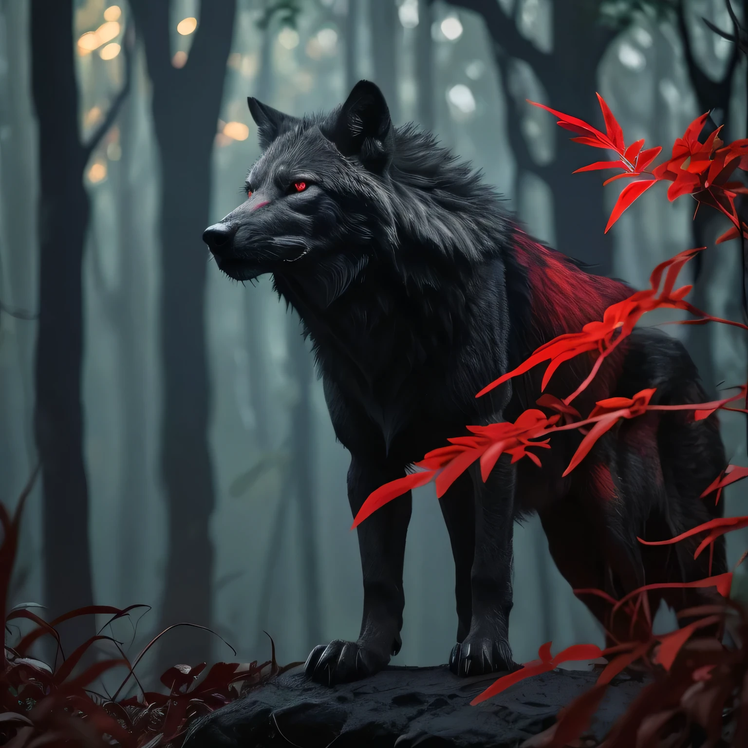 there&#39;s a wolf standing on a rock in the forest, Arte detalhada de alta qualidade 8k, badass anime 8 k, com olhos vermelhos brilhantes, lobo preto guarding, Arte digital altamente detalhada em 4k, lobo preto, Arte de fantasia em 4K, Arte deslumbrante em 8k, Arte 4k altamente detalhada, Trends in ArtStation 4K, lobo, Arte de fantasia 8k