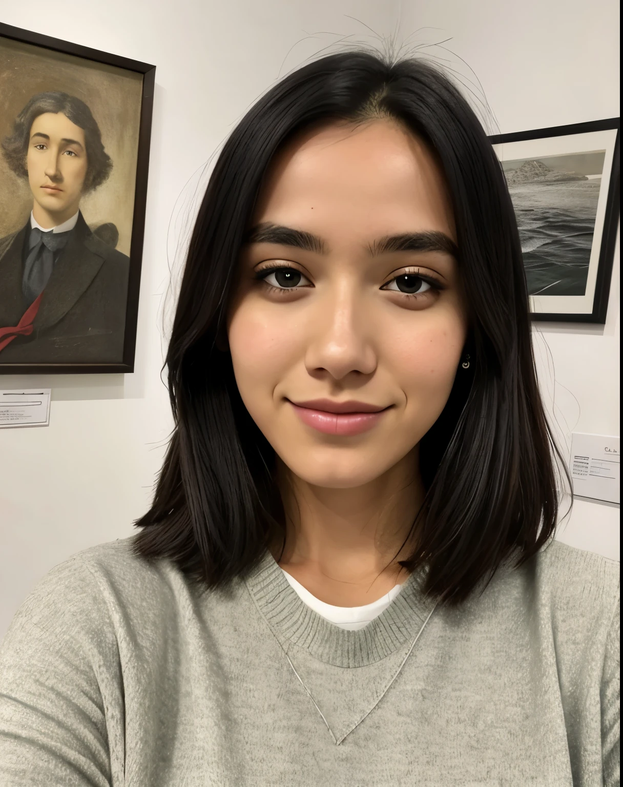 1 chica en, edad19, Solo, Aesthetic work, irlandesa, pelo ondulado de jengibre, Cabello hasta los hombros, ojos grises, ojos gris claro, pale skin, A-cup, small breasts, cuerpo de corredores, (Piel texturizada, poros de la piel:1.1), piel de gallina, taking a cute close-up selfie in a sweater in an art gallery (manos escondidas)
