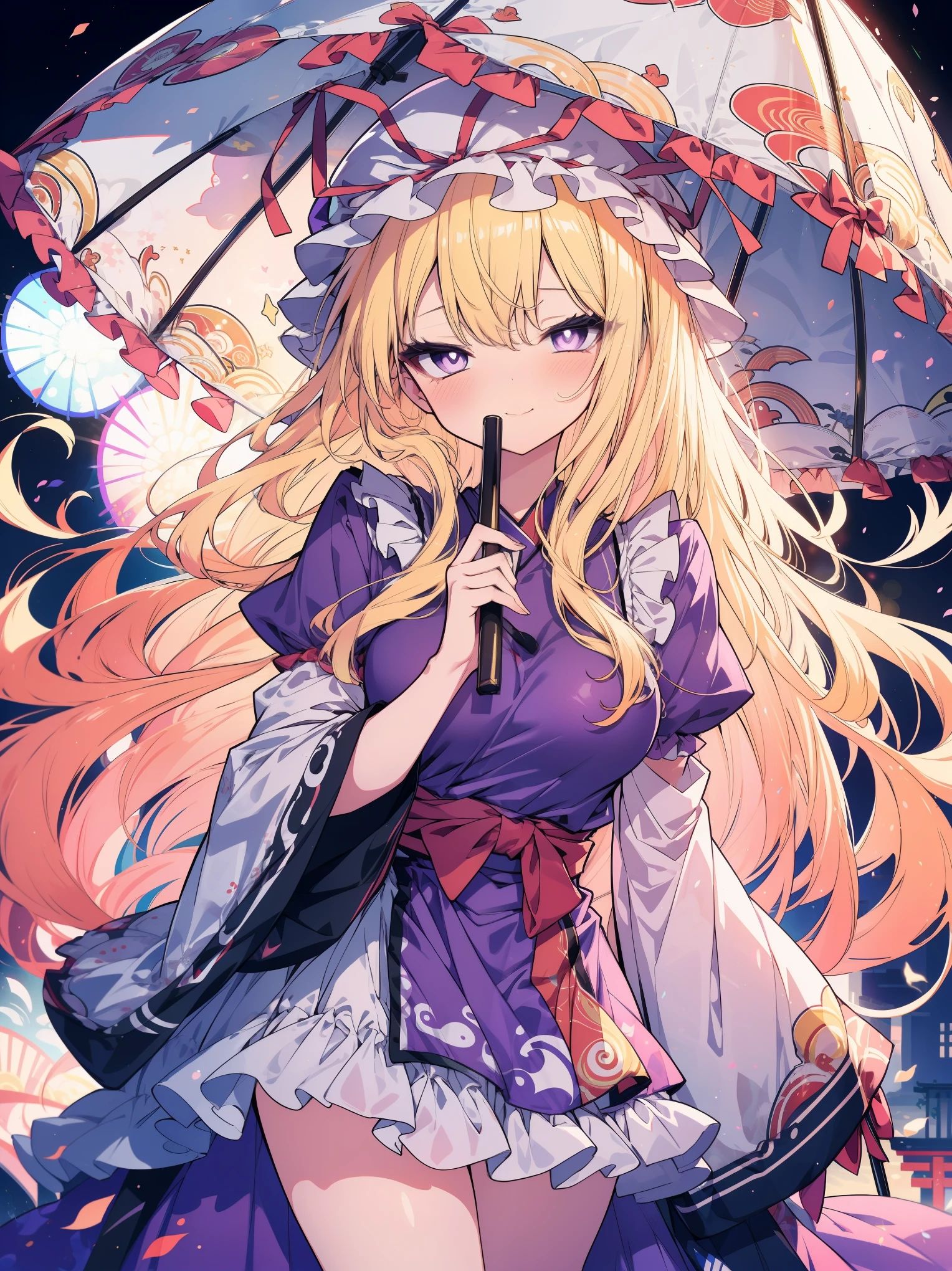 (masterpiece), (cowboy shot), (best quality, ultra-high resolution, depth of field:1.2), Touhou project, Yukari Yakumo, (Purple eyes), bright eyes, (blond long hair), loose hair, medium breasts, loose clothes, loose dress, (wearing a purple dress), (frills), long skirt, mob cap, thin red tied bow, Japanese shrine scenery, holding, a pink elegant parasol, seductive smile, squinting eyes, blush