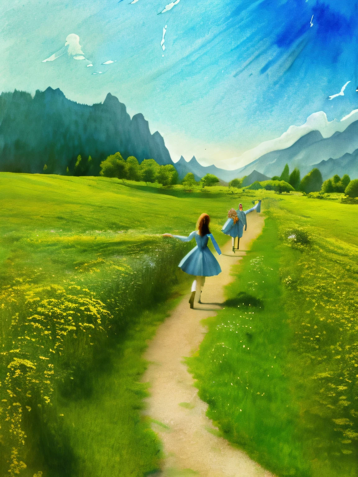 In a green meadow stands a girl leading a group of knights.
He rested with a brave expression, Guide them towards their destination.
Resting behind her, The green forest extends even further, Mountains rise in the distance.
BREAK The most appropriate effect for this scene is the watercolor technique in capturing the softness of the meadow and the fluidity of movement.