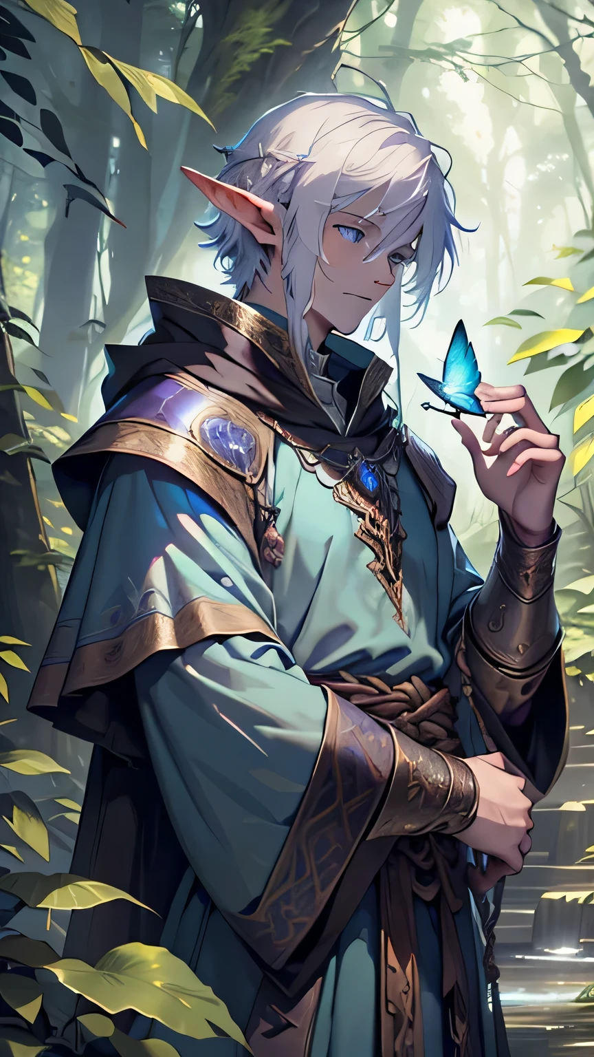 (un elfo macho adulto:1.1, druid:1.1, pelo corto y blanco, ojos azul claro:1.1, armadura media relacionada con la naturaleza, capa de color oscuro, cara adulta) in a mystical forest surrounded by imposing ancient trees, sus largas ramas entrelazadas arriba, casting intricate shadows on the lush vegetation below. Los rayos del sol atraviesan el dosel., manchas luminosas de vibrantes flores silvestres en tonos morados, blue, y amarillo. El elfo se mantiene erguido, Its ethereal presence exudes a sense of wisdom and connection with nature.. A gentle breeze rustles through her hair as she holds a wooden staff adorned with intricate carvings of animals and plants...
Mientras mira a lo lejos, A gentle stream winds through the forest, Its crystal clear waters reflect the magical aura of the environment. The birds sing melodiously, creating a symphony of nature, mientras mariposas vibrantes bailan con gracia en el aire. El aroma del musgo y las flores en flor llena el aire., adding to the lovely atmosphere.
La armadura del elfo, Elaborado intrincadamente con materiales naturales como hojas., ladrar, y enredaderas tejidas, combina perfectamente con el follaje circundante. It carries symbols of nature., representing your deep connection with the earth and its elements. The capa de color oscuro billows behind him, contrasting with her pale complexion and accentuating her elegant movements.
As the daylight fades, el bosque despierta con un suave, ethereal glow. magical little creatures, invisible al ojo humano, emergen de sus reinos ocultos, Soft casting, Brillos iridiscentes que titilan como estrellas.. The elf's eyes radiate a serene wisdom., reflecting the deep knowledge it possesses and the harmony it shares with the natural world..
Con cada paso, el elfo no deja rastro en el suelo del bosque, Its presence joins the mystical energy that permeates the air. He is a guardian of the forest., a link between the mortal realm and the realm of spirits and magic. En este lugar sagrado, The boundaries between reality and fantasy are blurred., invitando a aquellos w