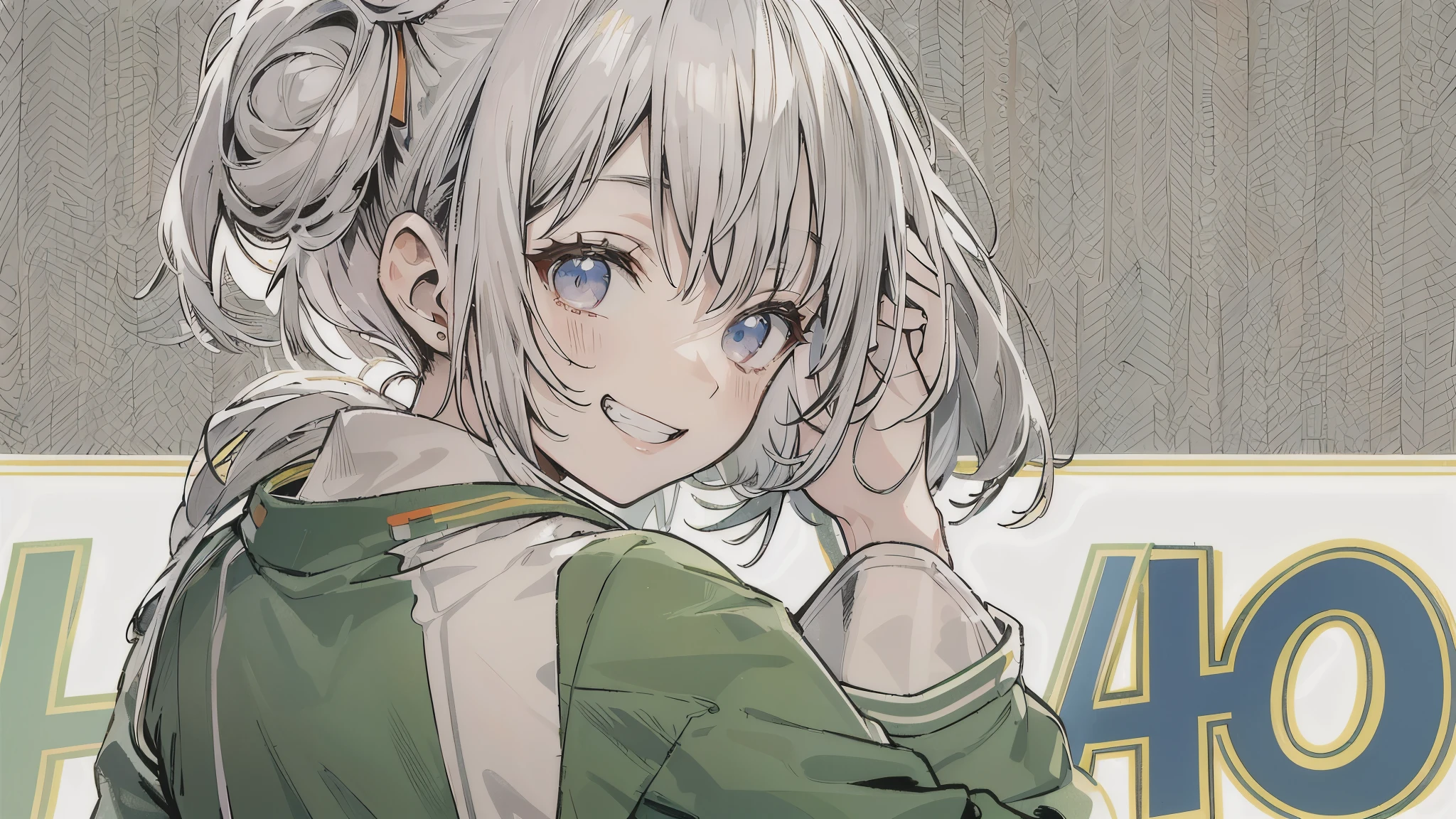 (((no background))),masterpiece, high quality, High resolution,Koharu Rikka,bob cut,hair bun,brown eys,Super detailed, 8k, 1 girl,A big smile,grin eyes,body whole,dynamic pose,platinum gray hair, gradient hair, looking at the viewer, beautiful anime high school girl,(close:1.2),from behind