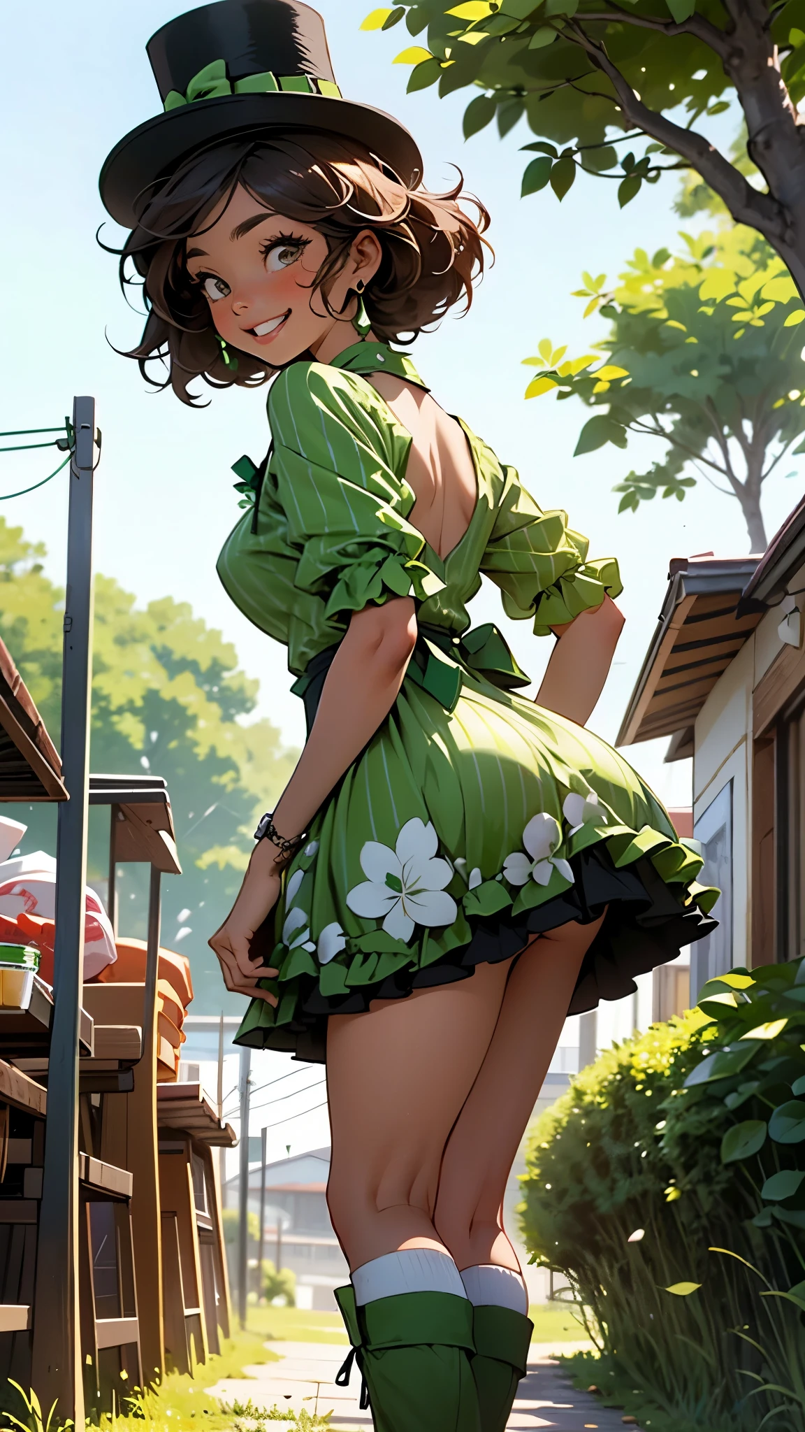 1 girl, Leprechaun, large breasts, wearing a green dress, green striped socks, green boots, green top hat, apron, green beer, necklace, earrings, brown hair, cute face, smile, blushing, back view, backward, low angle, angle of view looking up from below, shamrock, outdoors, restaurant