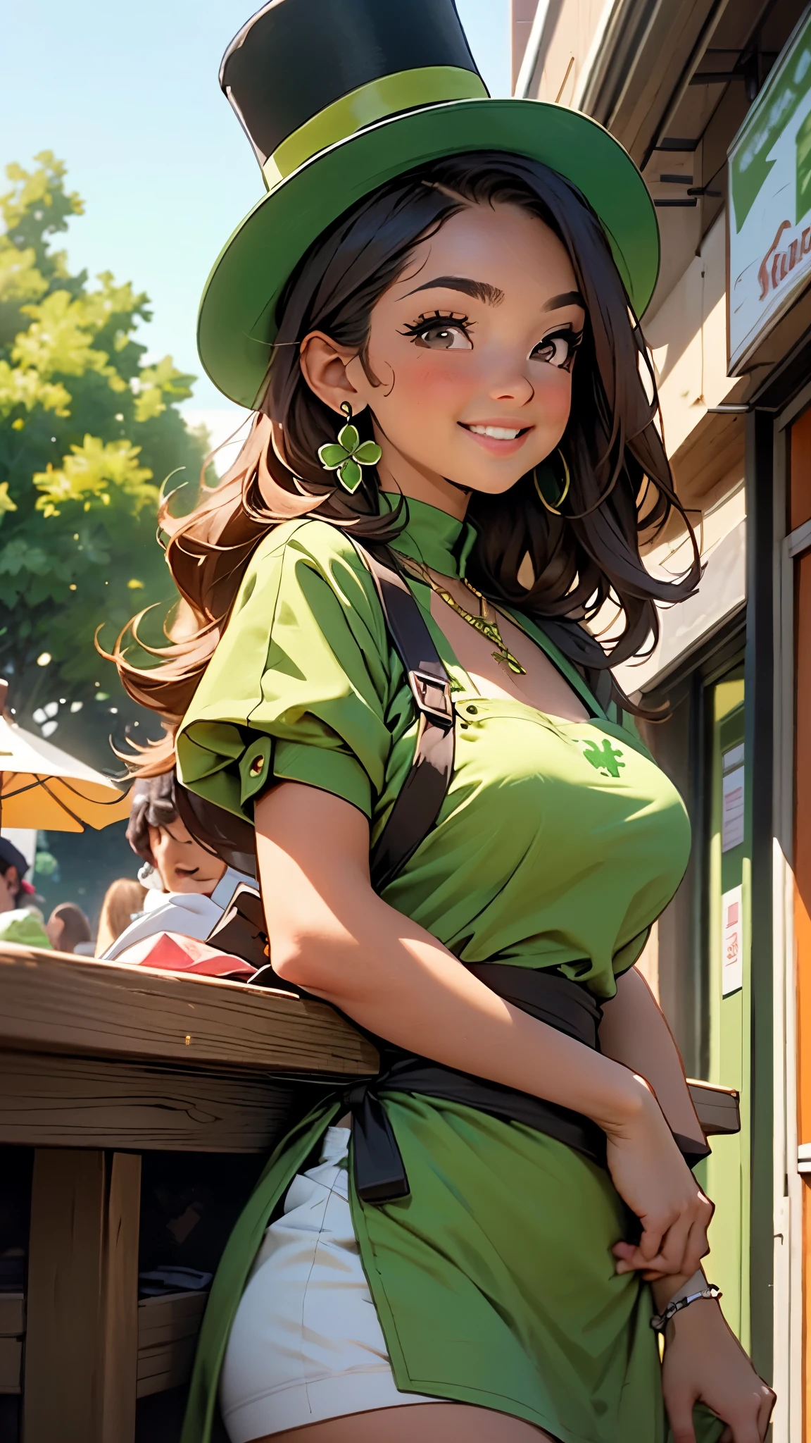 1 girl, Leprechaun, large breasts, wearing a green dress, green striped socks, green boots, green top hat, apron, green beer, necklace, earrings, brown hair, cute face, smile, blushing, back view, backward, low angle, angle of view looking up from below, shamrock, outdoors, restaurant
