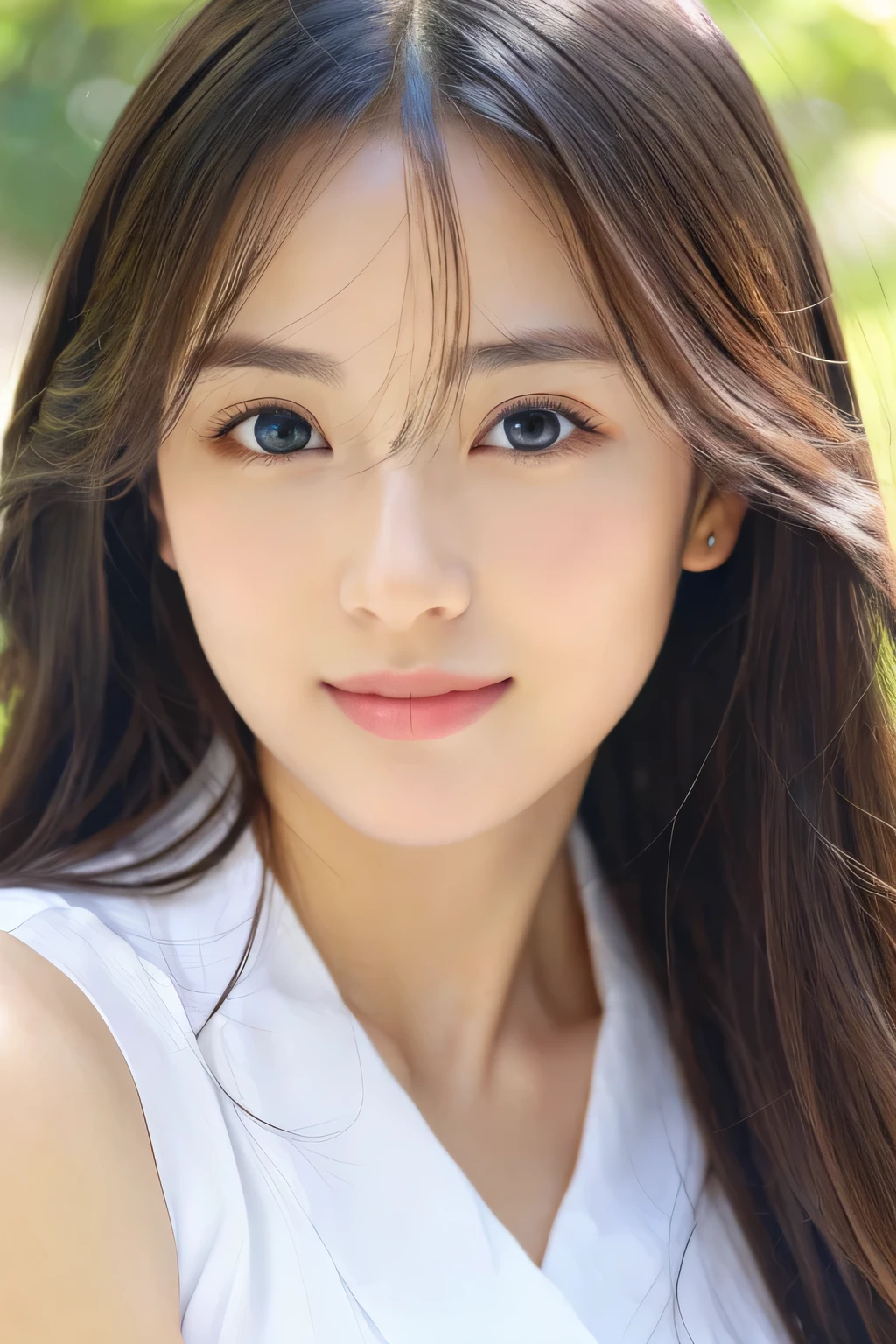 (((32k,high details,high detail、masterpiece,attention to detail,alone))),Raw photo & realistic atmosphere,beautiful dark blue eyes,detailed mouth,glossy lips,thin eyebrows,fine eyes、Soft white skin that shines in every detail、sheの深い黒色の目はとても美しいです,lip details、very beautiful face,very well-shaped face、lifelike face,shining beautiful lips,beautiful eyebrows,infinite reality, Realistic young gravure idol,she'she'she'she'very cute woman , young gravure idol, young gravure idol, とても美しくてかわいい1Beautiful girl 19 years old,incredibly beautiful and classy1Beautiful girl 19 years old,natural soft light,(shiny hair,,Beautiful and kind eyes:1.5),gentle smile,well-shaped chest,medium long hair,Ties hair into one,beautiful posture,no makeup,think ahead,