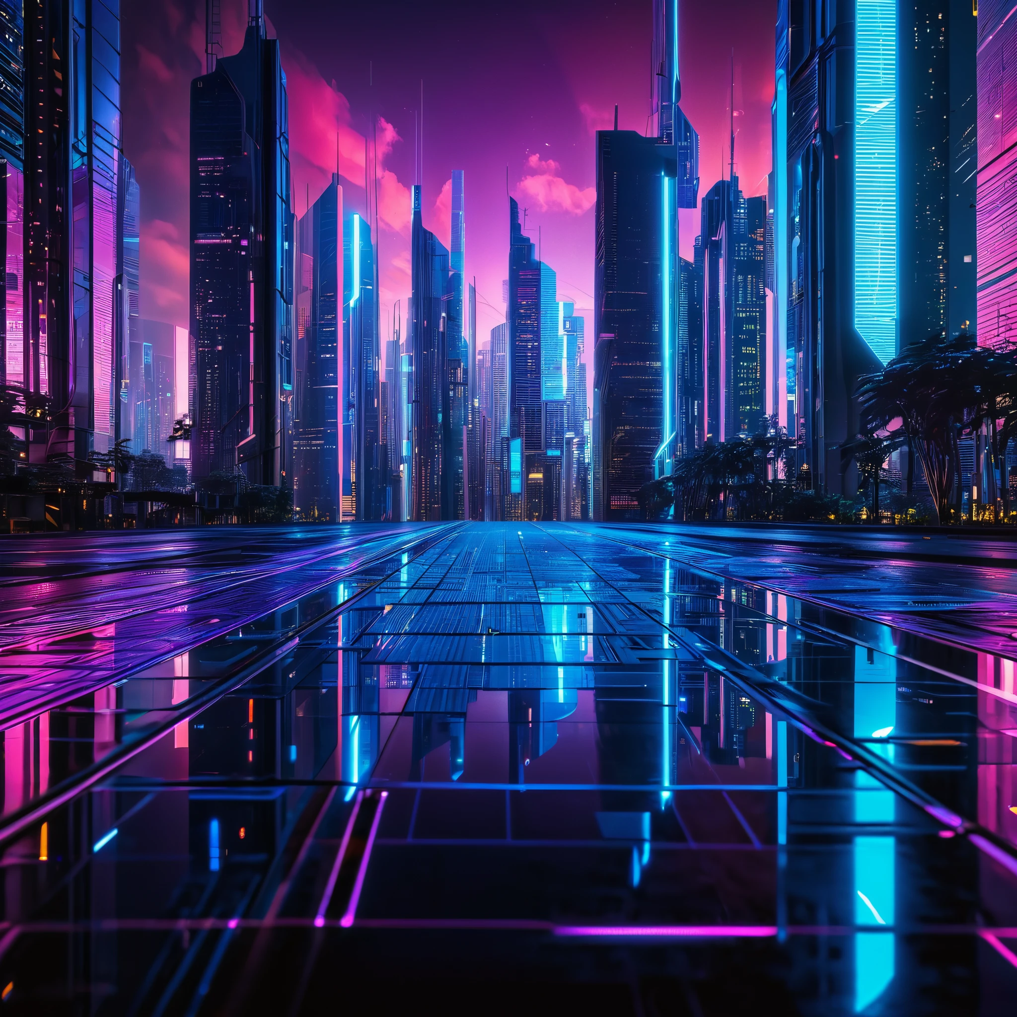 Futuristic cityscape with holographic neon lights lighting up the sky, skyscraper glass reflection, circuit board.