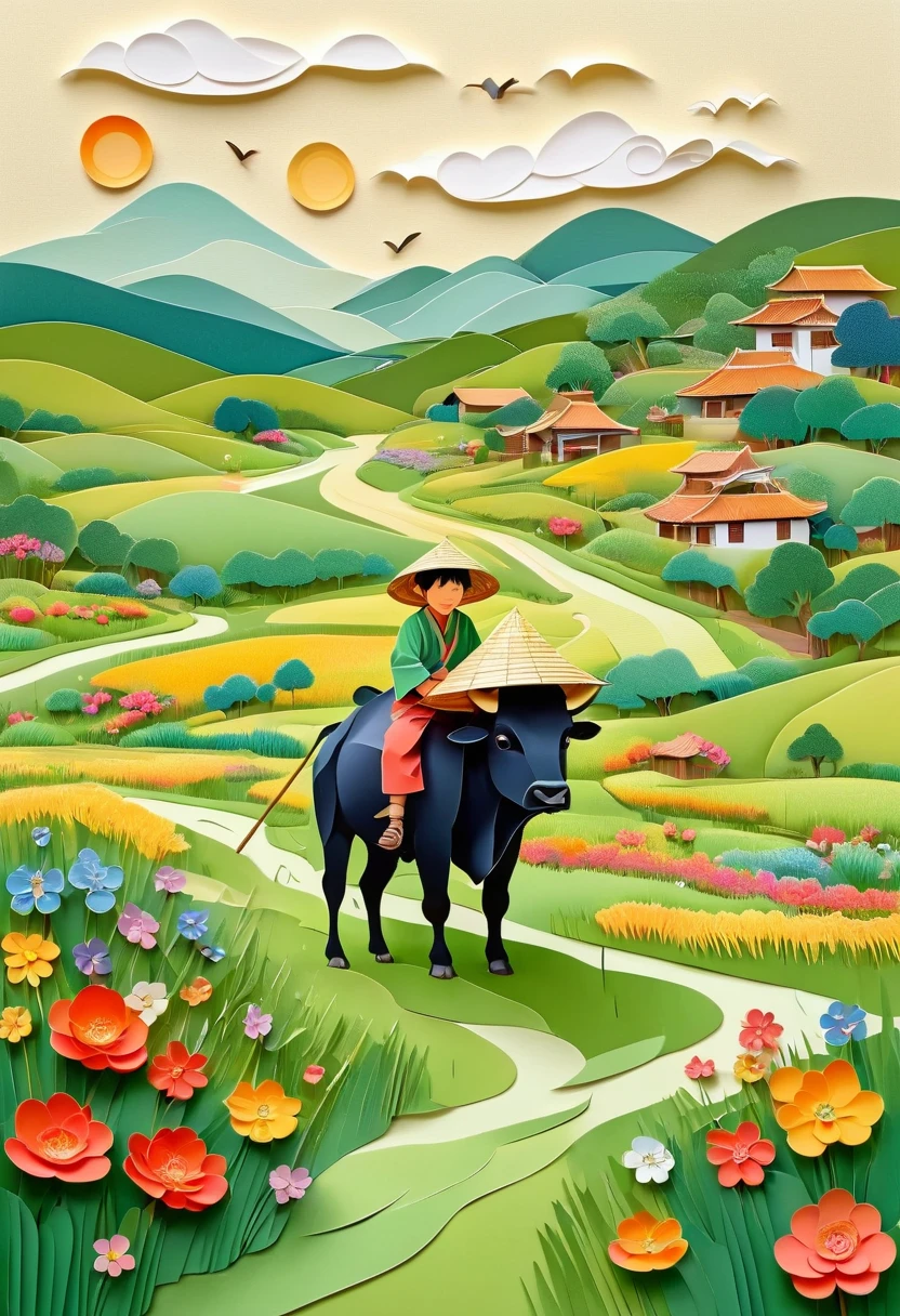 Flat illustration,Rainy day, a small Asian boy with a straw hat, sitting on the back of a buffalo, in a wide field with green grass, colorful flowers, willow trees, swallows flying through the air, vague green hills in the distance, villages, the overall color is fresh and light, unnel composition,morandi color, multi-dimensional paper kirigami craft