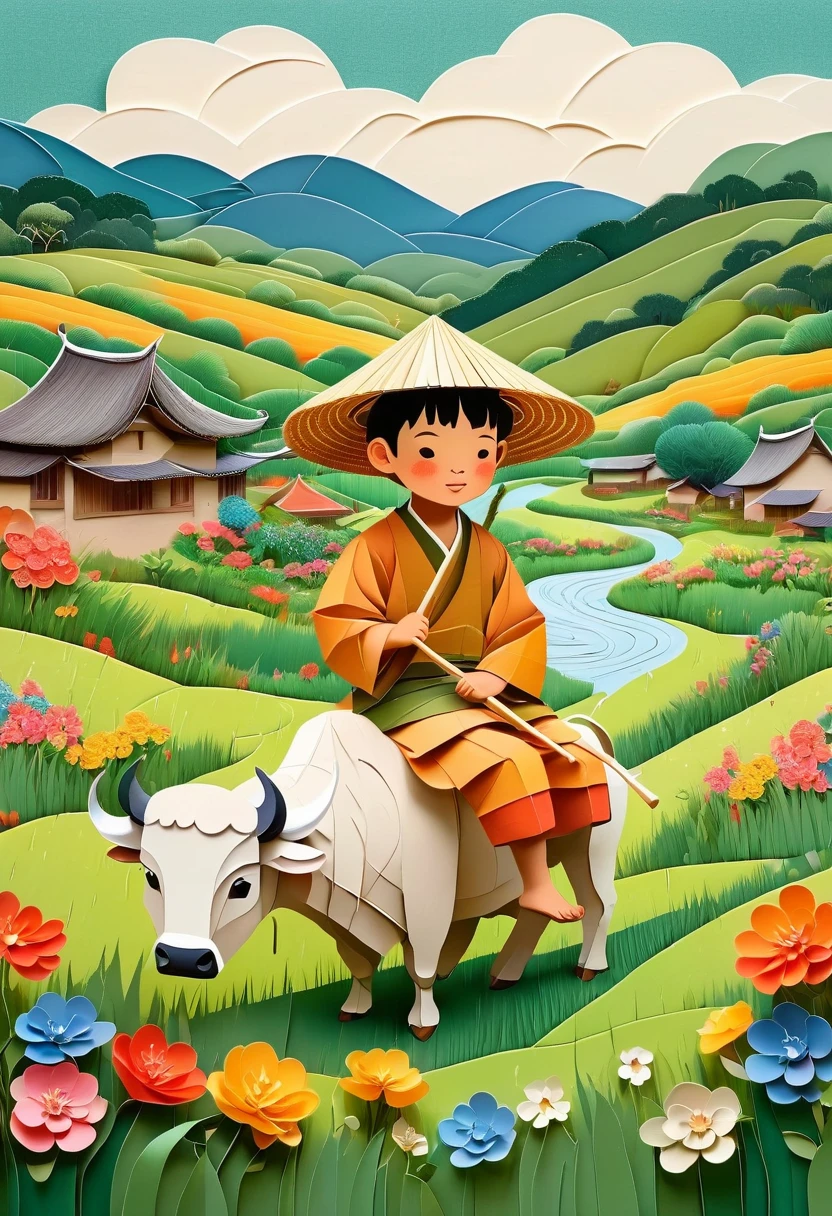 Flat illustration,Rainy day, a small Asian boy with a straw hat, sitting on the back of a buffalo, in a wide field with green grass, colorful flowers, willow trees, swallows flying through the air, vague green hills in the distance, villages, the overall color is fresh and light, unnel composition,morandi color, multi-dimensional paper kirigami craft