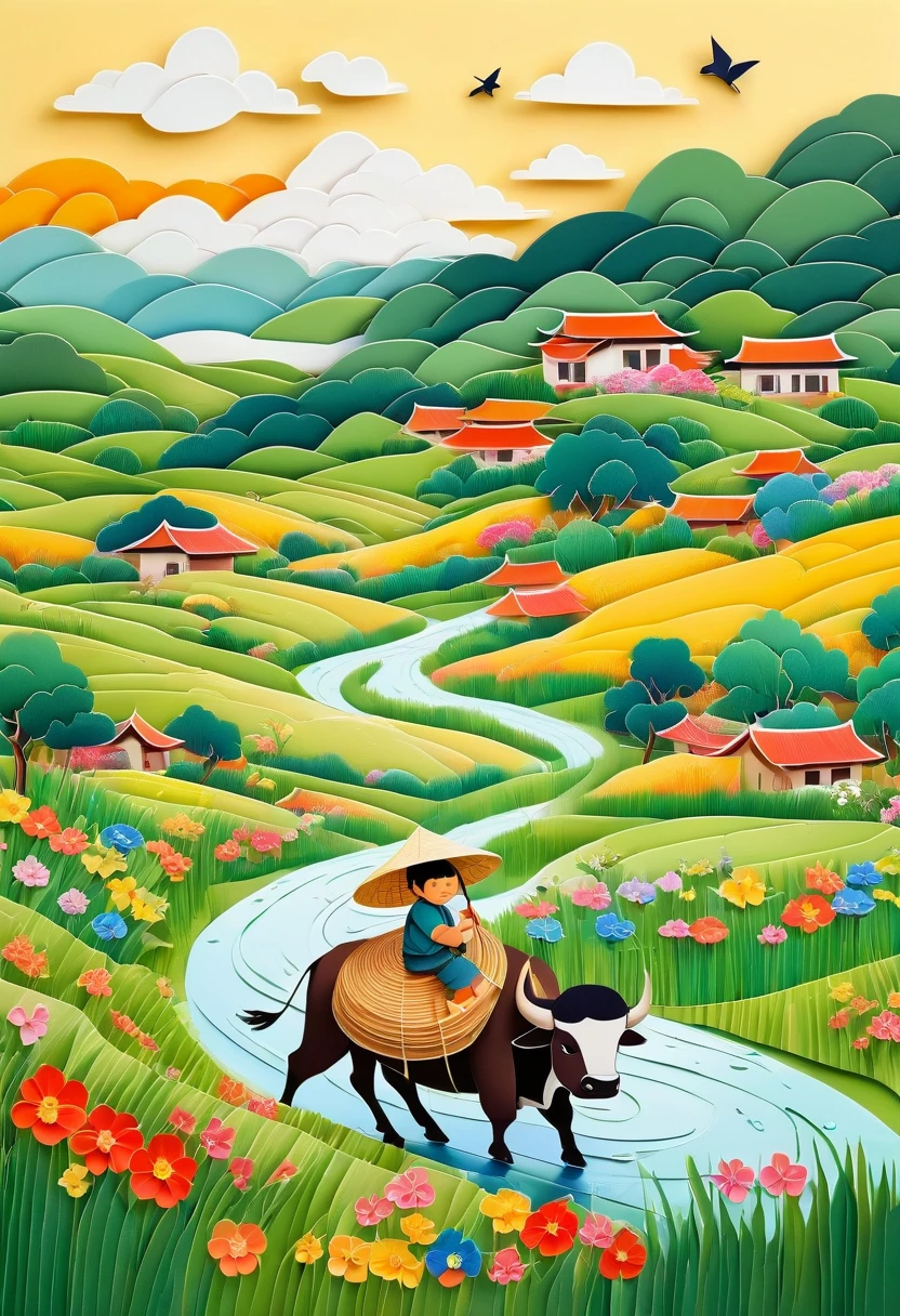 Flat illustration,Rainy day, a small Asian boy with a straw hat, sitting on the back of a buffalo, in a wide field with green grass, colorful flowers, willow trees, swallows flying through the air, vague green hills in the distance, villages, the overall color is fresh and light, unnel composition,morandi color, multi-dimensional paper kirigami craft