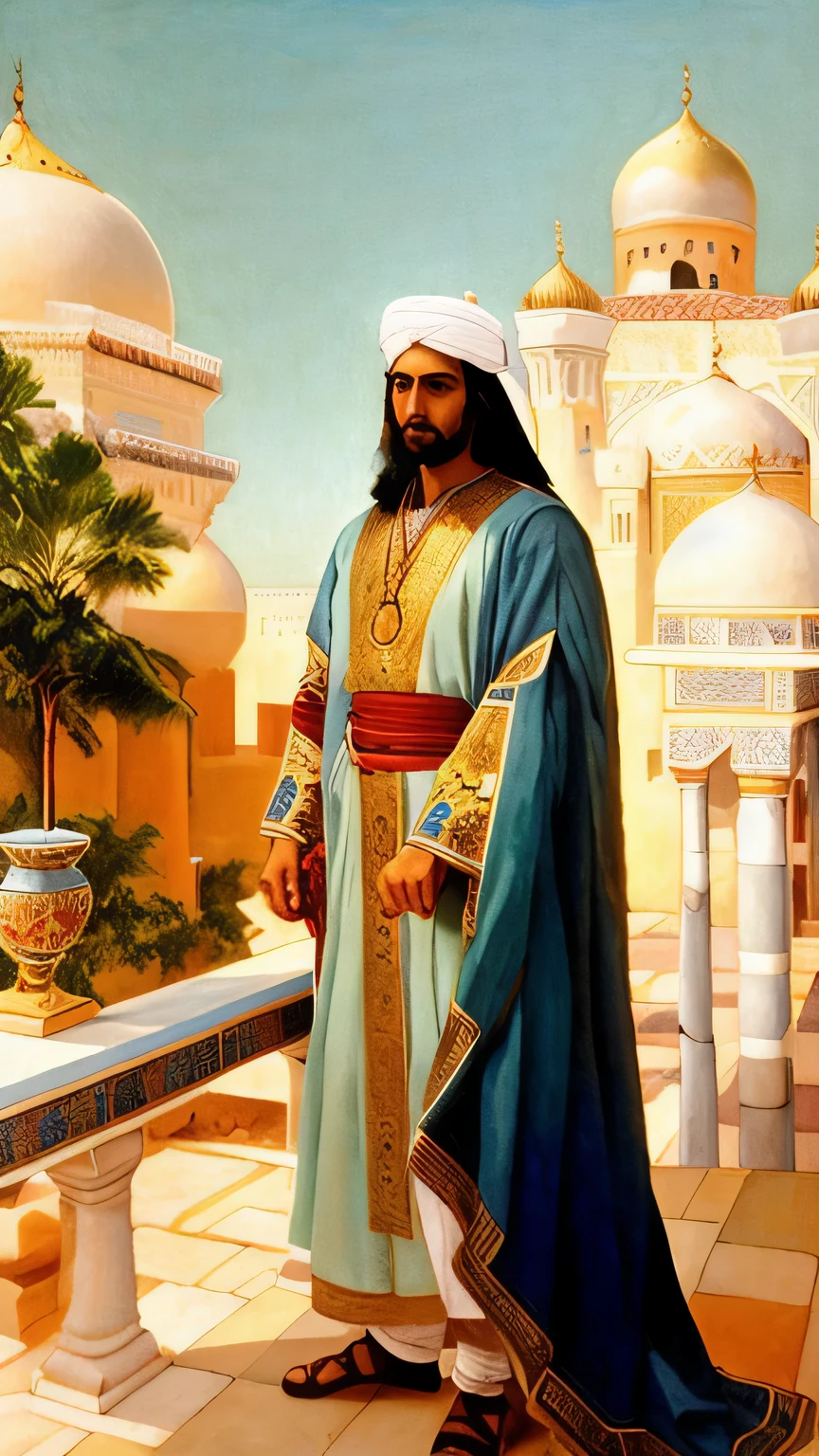 a painting of a man in a blue and white robe standing in front of a building, inspired by Osman Hamdi Bey, an arab standing watching over, sheik mohammad ruler of dubai, handsome prince of persia, by Rudolf Ernst, orientalist painting, orientalist, majesty in noble clothes, arabian art, inspired by Rudolf Ernst, sheikh