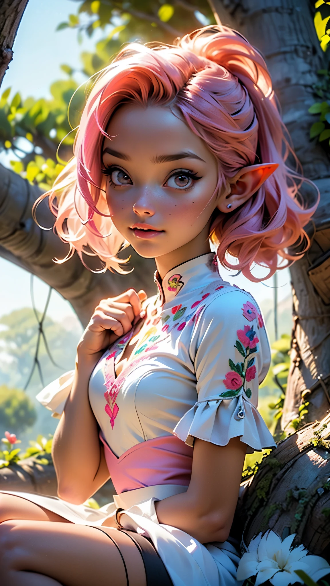 cute girl elf,(((little girl,tiny body,little,chibi))),(((6 years old))),((anime elf girl with extremely cute and beautiful pink hair)), (((elf))), (((elf ears))),(((1 toddler:1.4))),(baby face),(round face),

(((flat chest))),((((Bright pink hair:1.35,short twintails hair,pink hair,very short hair,twintails,colored inner hair,ear breathing)))),((bright_pink_eyes:1.3))),intricate eyes,beautiful detailed eyes,symmetrical eyes,big eyes:1.5,(((lustrous skin:1.5,bright skin: 1.5,skin tanned,shiny skin,very shiny skin,shiny body,plastic glitter skin,exaggerated shiny skin,illuminated skin))),(detailed body,(detailed face)),

cute,

(((little dress, cute clothing,fairy wings:1.5,white fur socks))),(((intricate outfit,intricate clothes,embroidered outfit,ornate outfit))),

(dynamic pose:1.0),(centered,scale to fit dimensions,Rule of thirds),

((world tree,tree houses)),scenery:1.25,((intricate scenery)),((world tree background,tree houses background)),(natural magic,mystical powers),

(Glossy winter ornaments),highres,sharp focus,(ultra detailed,extremely detailed),(photorealistic artwork:1.37),(extremely detailed CG unity 8k wallpaper),(((vibrant colors,vibrant theme))),(intricate),(masterpiece),(best quality),artistic photography,(photography taken by sldr),(intricate background),perfect rendered face,perfect face details,realistic face,photo realistic,((intricate detail)),(((realism))),
