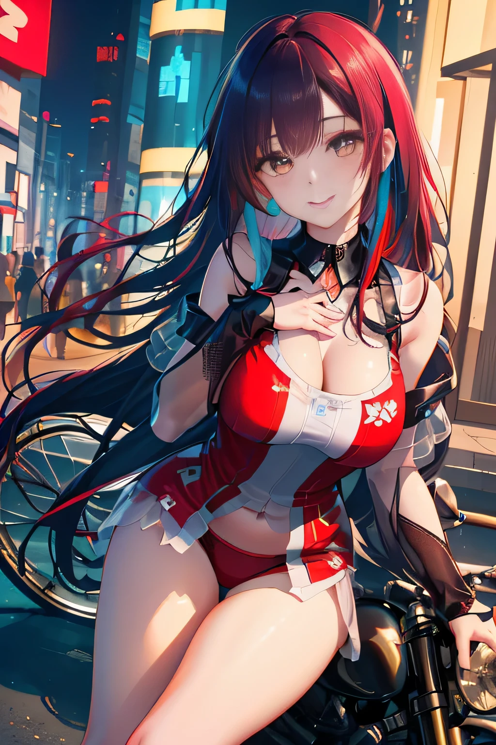 (Night in Cyber City),(Wear red underwear:1.7)、big and full breasts、(((Transparent, Colorful cyberpunk costume that sticks to your chest:1.7))),(((Woman in sheer colorful cyberpunk costume:1.7 ))),(((A woman riding a colorful custom-painted motorcycle through the city:1.7))), Shiny light brown and orange striped short hair,cute smile,perfect round face,A cheerful smile that makes the viewer happy,proper body proportions,table top,Super high quality output image,High resolution,intricate details,very delicate and beautiful hair,realistic pictures,dream-like,professional lighting,realistic shadow,focus only,beautiful hands,beautiful fingers,Detailed functions of fingers,Detailed features of the wear,Detailed characteristics of hair,detailed facial features,(((emphasize the chest:1.3))),(dynamic angle),(dynamic and sexy pose),laughter、cute round face,,(table top,highest quality,超High resolutionの出力画像,) ,(8K quality,),(sea art 2 mode.1),(Image mode Ultra HD,)