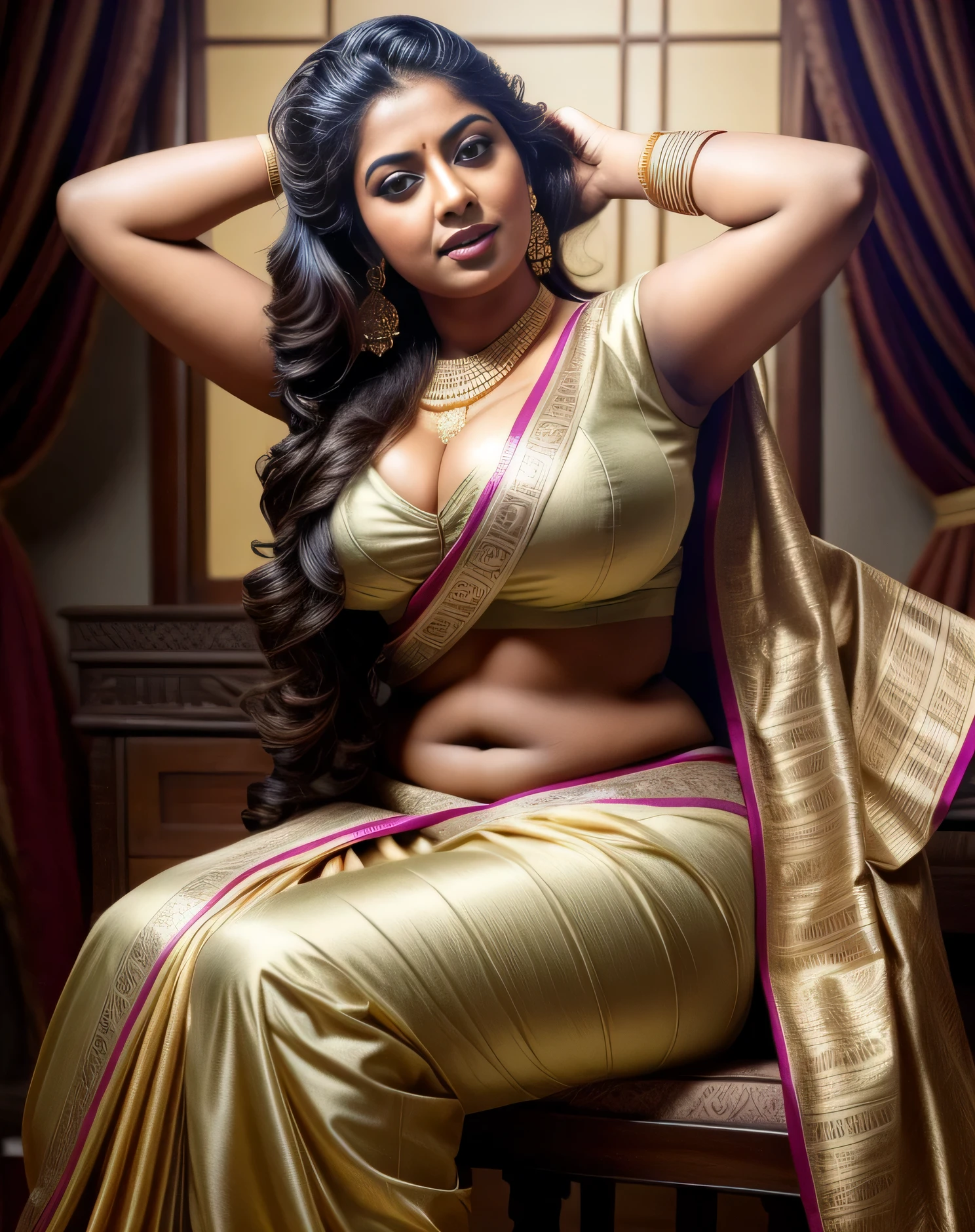 Beautiful big busty Indian woman, sexy naval, sexy eyes, big tits, on bed, realistic 