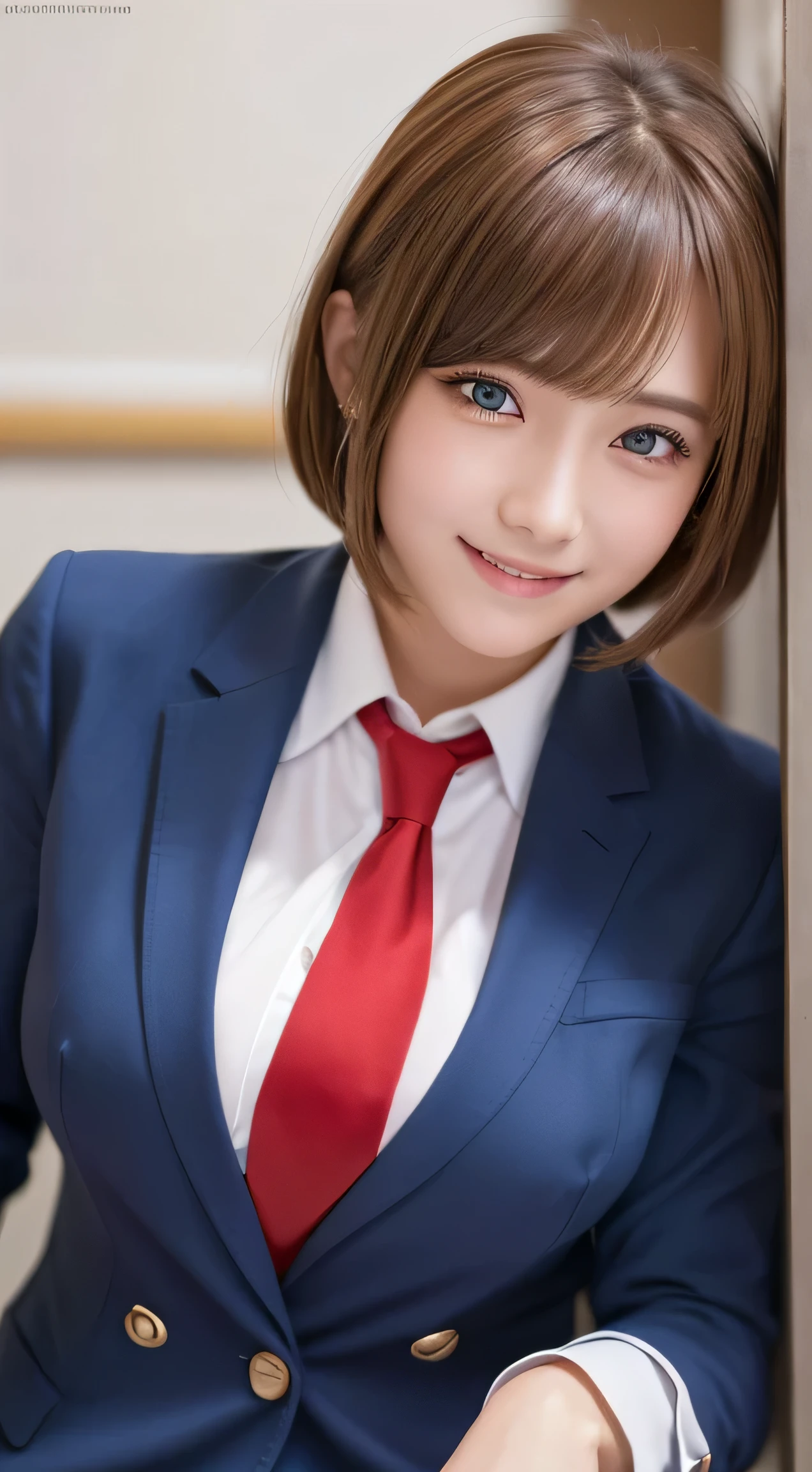 on the table,best quality,super detailed,fine details,High resolution,8K,((realism:1.4,original photography,超High resolution,Top image quality:1.4)),on the table、best quality、 super detailed、High resolution、8k wallpaper、Perfect dynamic composition,、beautiful and delicate eyes、(beautiful boobs:1.1) 、blue blazer、Uniforms、White shirt、red tie、1 girl in、a beautiful girl、、blonde hair、shortcut、Cover left eye with bangs、Red eyes、Smile