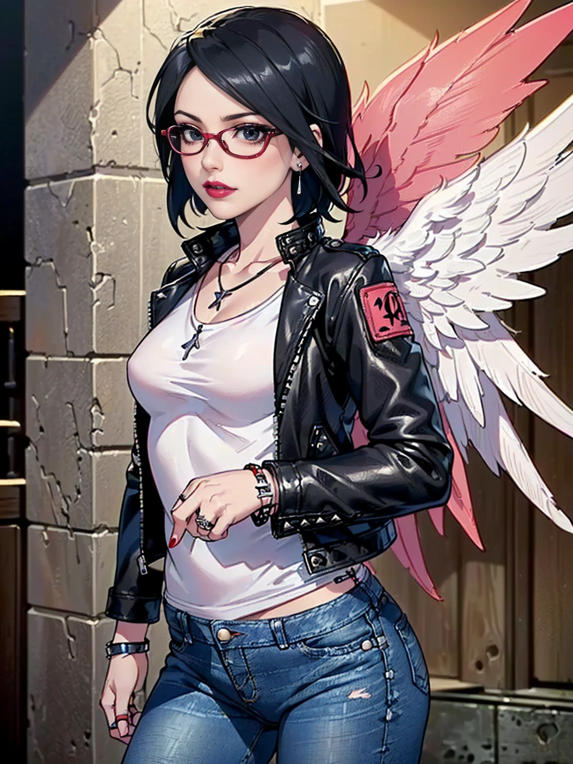 (1girl, solo, alone), (WakatsukiRisa, Sarada Uchiha, short hair, black hair black eyes, red glasses), ((solo, (1woman, pink lipstick, (small breasts)), Extremely detailed, ambient soft lighting, 4k, perfect eyes, a perfect face, perfect lighting, a 1girl)), austere, (anime style image, (masterpiece), best quality, expressive eyes, perfect face), ((angel, (((leather jacket, white t-shirt, jeans, punk style), punk girl)), punk woman, bracelets, rings, earrings, necklace, backgound desert, arizona, grand kenio, clouds, leather boots, aura red, trepidatious aura))