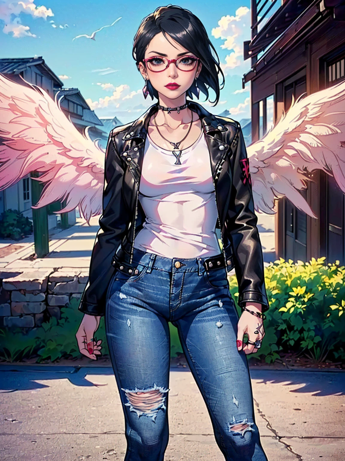 (1girl, solo, alone), (WakatsukiRisa, Sarada Uchiha, short hair, black hair black eyes, red glasses), ((solo, (1woman, pink lipstick, (small breasts)), Extremely detailed, ambient soft lighting, 4k, perfect eyes, a perfect face, perfect lighting, a 1girl)), austere, (anime style image, (masterpiece), best quality, expressive eyes, perfect face), ((angel, (((leather jacket, white t-shirt, jeans, punk style), punk girl)), punk woman, bracelets, rings, earrings, necklace, backgound desert, arizona, grand kenio, clouds, leather boots, aura red, trepidatious aura))