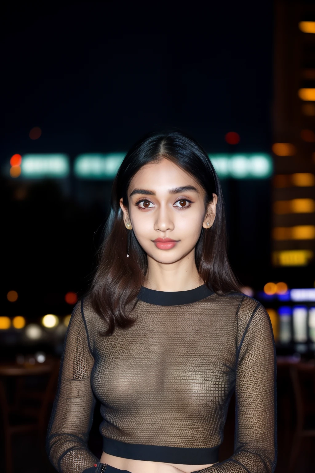 Raw photo, realistic,girl,Indian girl,age 22, full body,pale skin, body, beautiful face, detailed face,black fishnet sweater dress,big breasts, full body, standing, outdoor, night, restaurant, ((looking at viewer)),((face towards me)), front profile