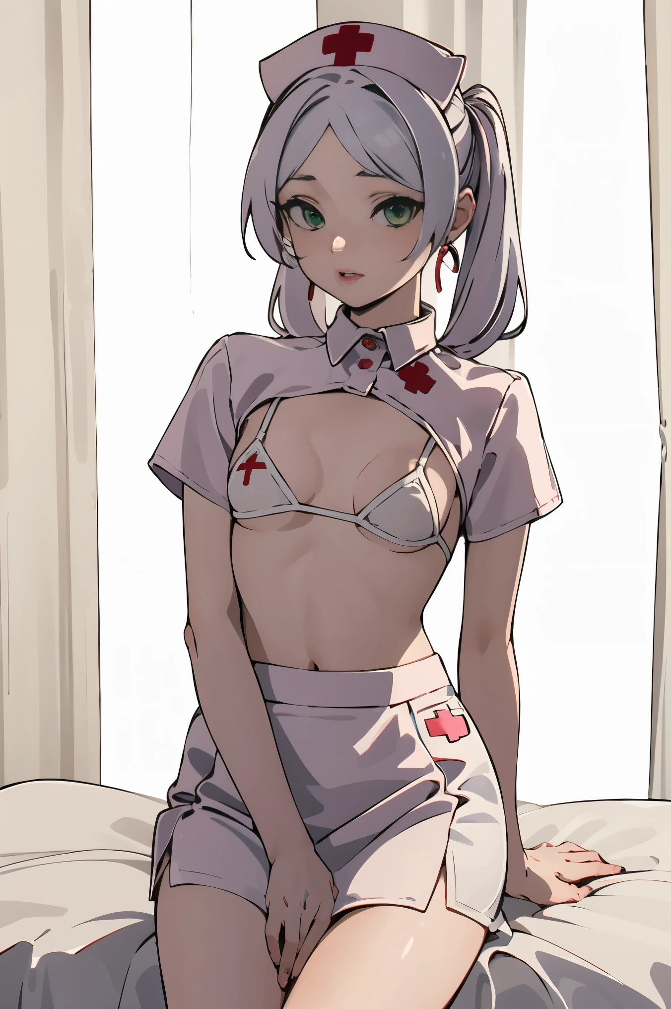 (Best Quality, Masterpiece),sexy,  erotic, 1girl, 18 years old, Contempt, pride, silver hair, ((green eyes)), hospital 2 ponytails, ((nurse uniform)), skirt, thighs, (((small breasts)))