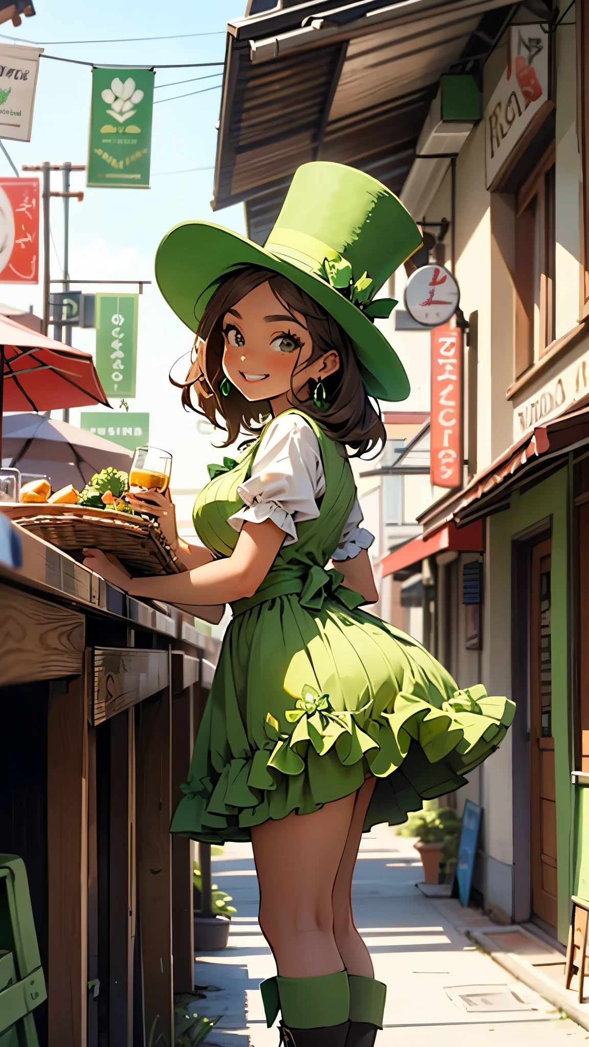 1 girl, Leprechaun, large breasts, wearing a green dress, green striped socks, green boots, green top hat, apron, green beer, necklace, earrings, brown hair, cute face, smile, blushing, back view, backward, low angle, angle of view looking up from below, shamrock, outdoors, restaurant