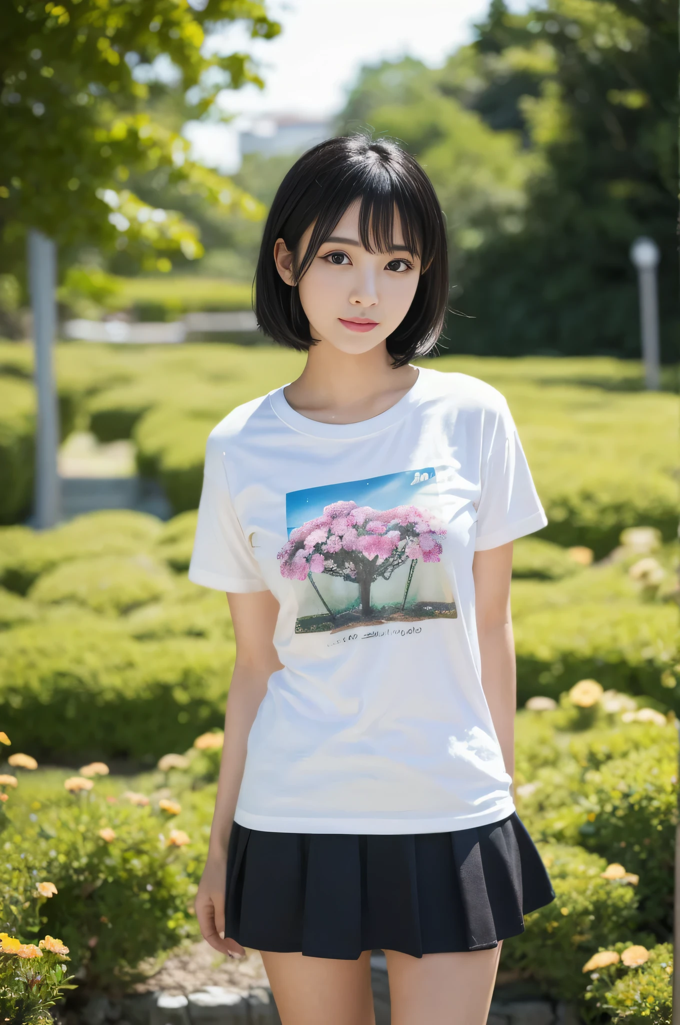 highest quality,masterpiece,32k,realistic,incredibly absurd,Depth of the bounds written、blur background、natural light profile,perfect female body,Photos of beautiful Japanese women,25 year old girl,standing posture,flower,shaggy,black hair,T-shirt,mini skirt,Happy,