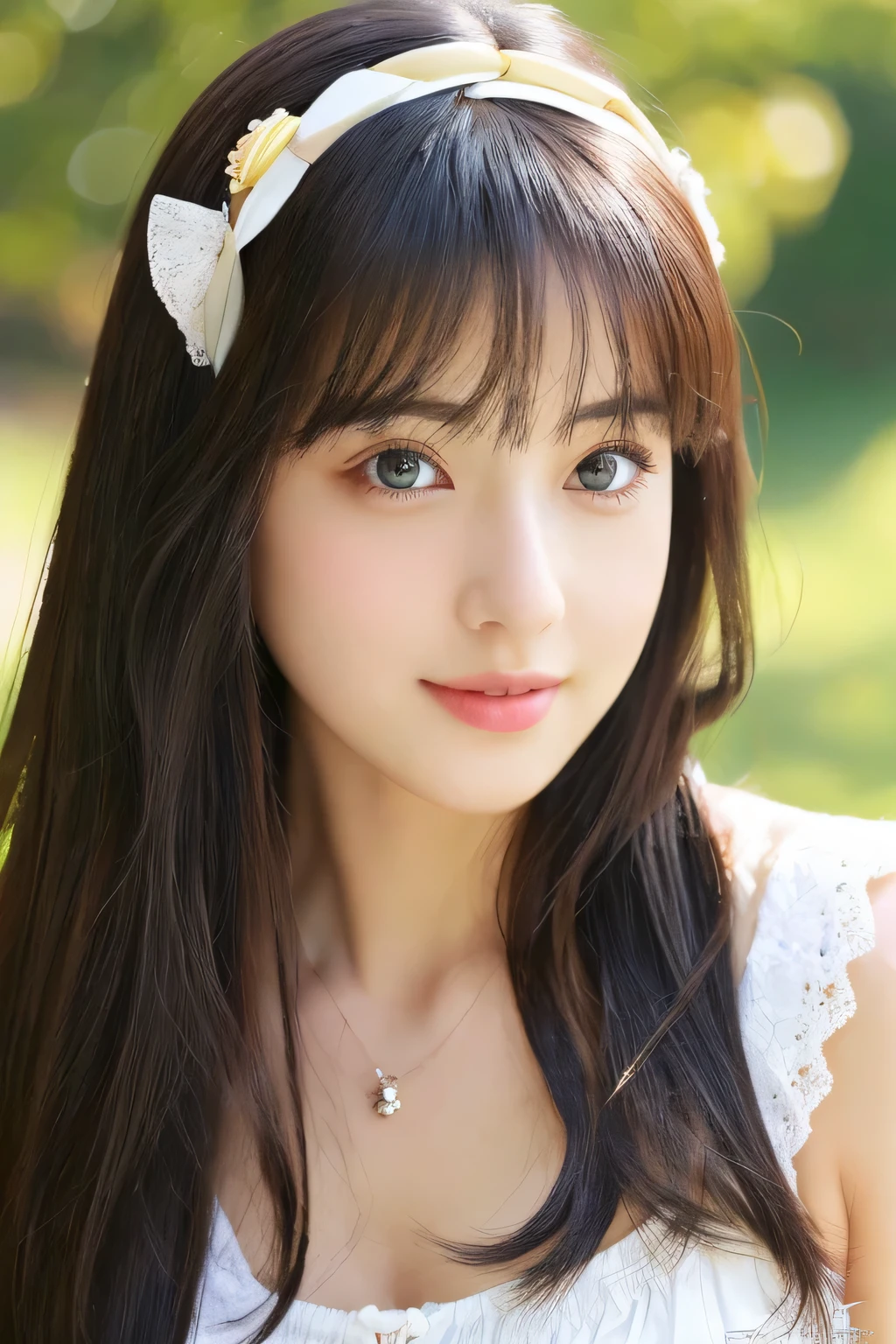 (((32ｋ,high details,high detail、masterpiece,attention to detail,alone))),Raw photo & realistic atmosphere,beautiful dark blue eyes,detailed mouth,glossy lips,thin eyebrows,fine eyes、Soft white skin that shines in every detail、sheの深い黒色の目はとても美しいです,lip details、very beautiful face,very well-shaped face、lifelike face,shining beautiful lips,beautiful eyebrows,infinite reality, Realistic young gravure idol,she&#39;she&#39;she&#39;she&#39;very cute woman , young gravure idol, young gravure idol, とても美しくてかわいい120 year old beautiful girl,incredibly beautiful and classy１20 year old beautiful girl,natural soft light,（shiny hair,,Beautiful and kind eyes：1.5）,gentle smile,well-shaped chest,medium long hair,Ties hair into one,beautiful posture,no makeup,think ahead,hair ornaments,
