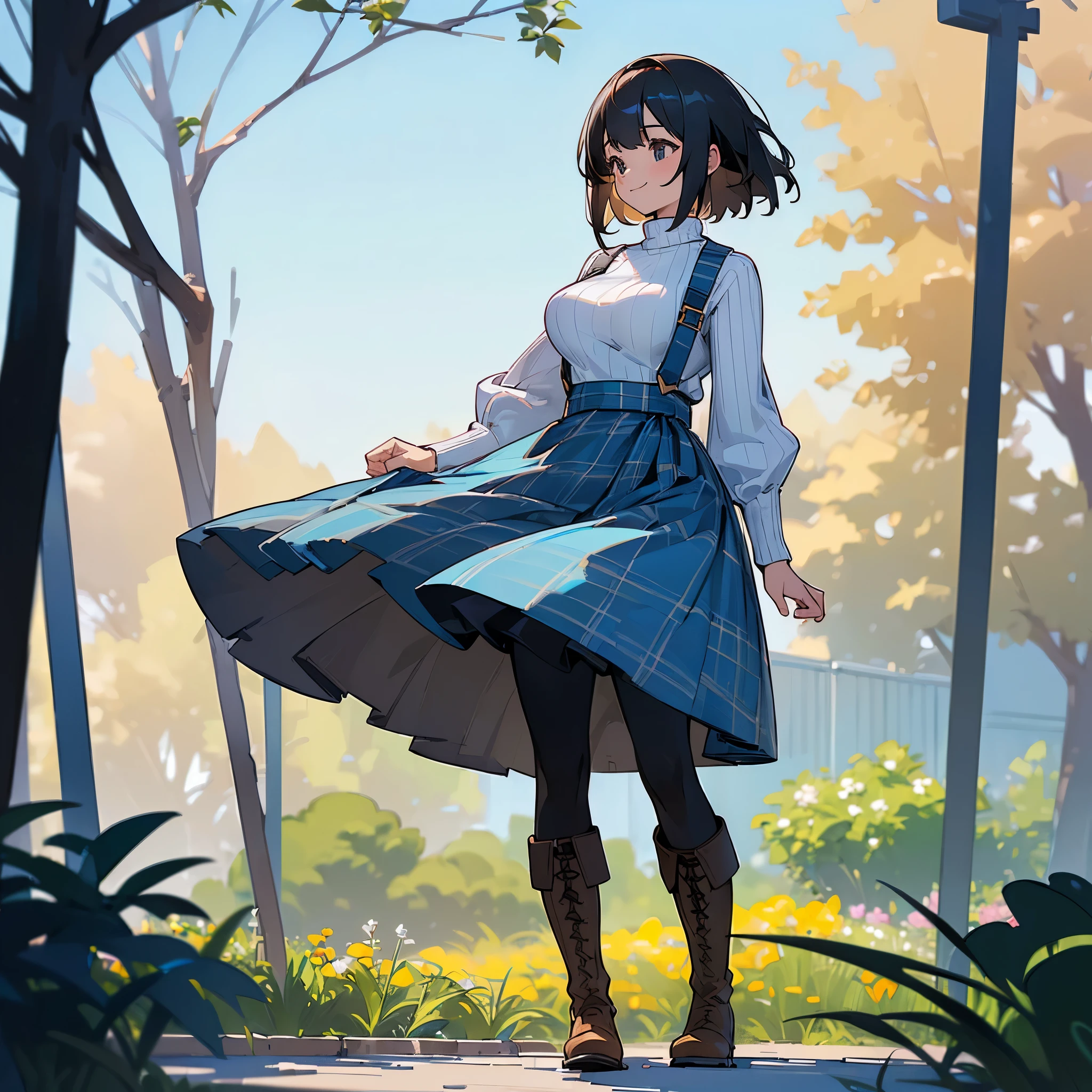 (high quality, High resolution, Super detailed, reality:1.37), peaceful atmosphere, (outdoor, garden), teenage girl standing alone, (my breasts are big.), Beautiful detail features, cute smile, (black bob hair), ribbed sweater, blue plaid skirt, black tights, brown boots.