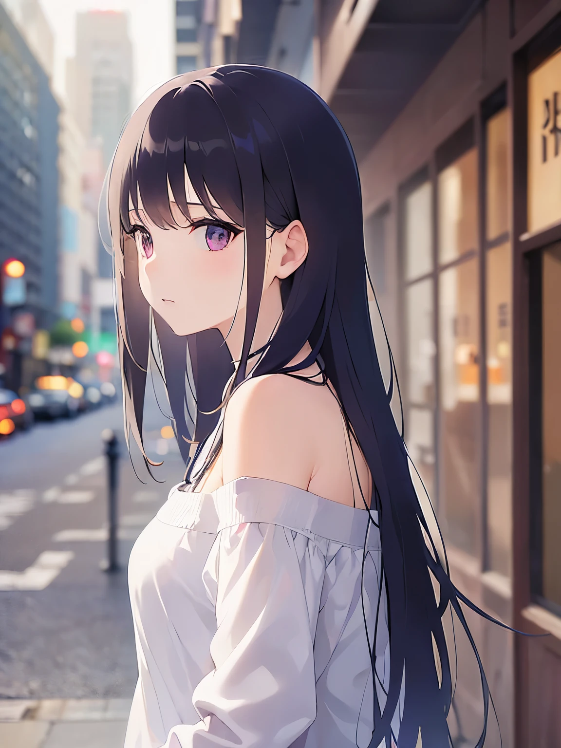 masterpiece, best quality, 1girl, solo, blush, long hair, hair between eyes, ((streetwear clothes)), city, outdoors, night, movie poster, extremely detailed 8K, smooth, high resolution, ultra quality, cinematic lighting, ambient occlusion, hd, 2k, 4k, 8k, 16k, extremely detailed anime, detailed faces, perfect composition, wide shot, atmospheric lighting, very sexy, random angle, uncensored, sin censura