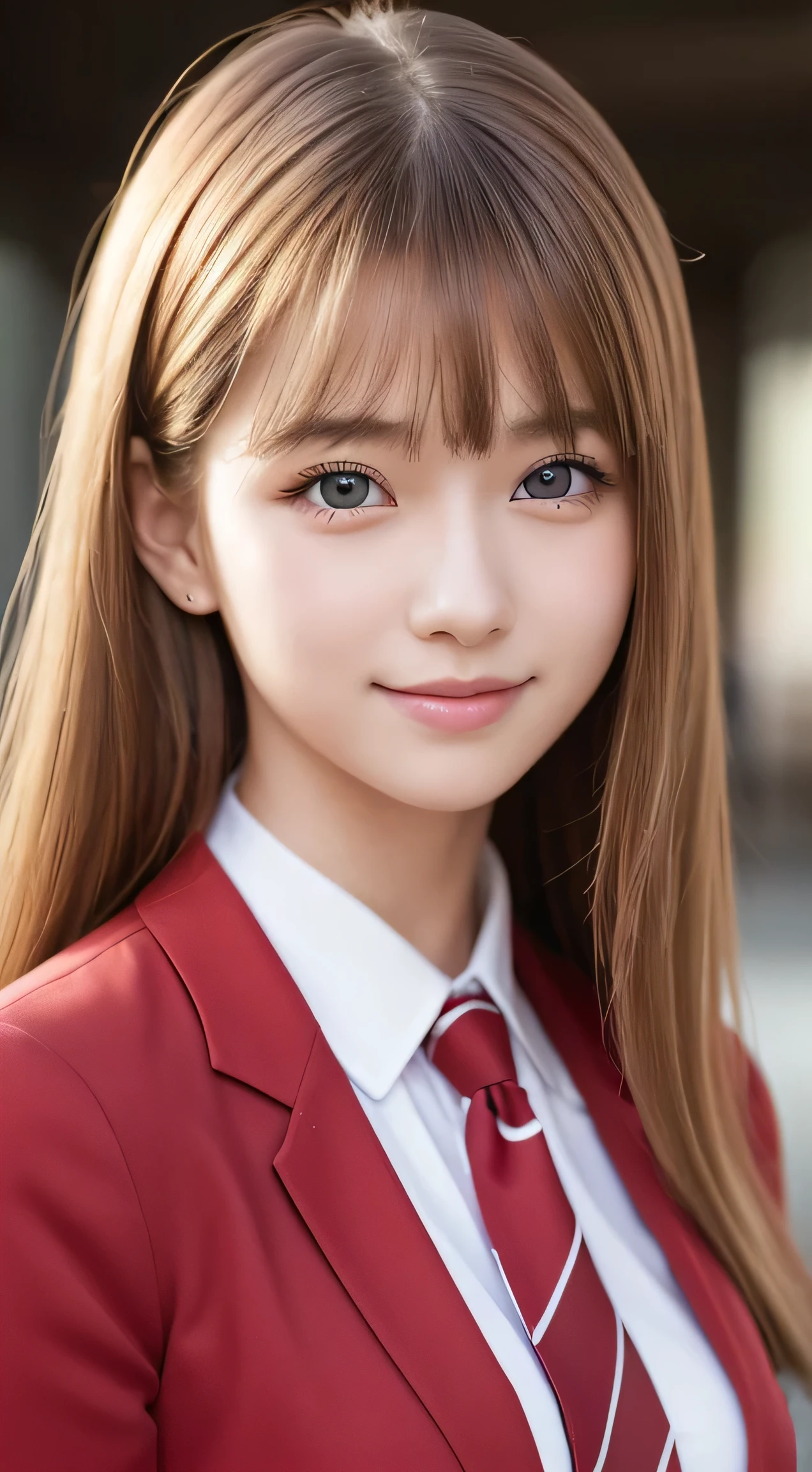 on the table,best quality,super detailed,fine details,High resolution,8K,((realism:1.4,original photography,超High resolution,Top image quality:1.4)),on the table、best quality、 super detailed、High resolution、8k wallpaper、Perfect dynamic composition,、beautiful and delicate eyes、(beautiful boobs:1.1) 、blue blazer、Uniforms、White shirt、red tie、1 girl in、a beautiful girl、、blonde hair、shortcut、Cover left eye with bangs、Red eyes、Smile