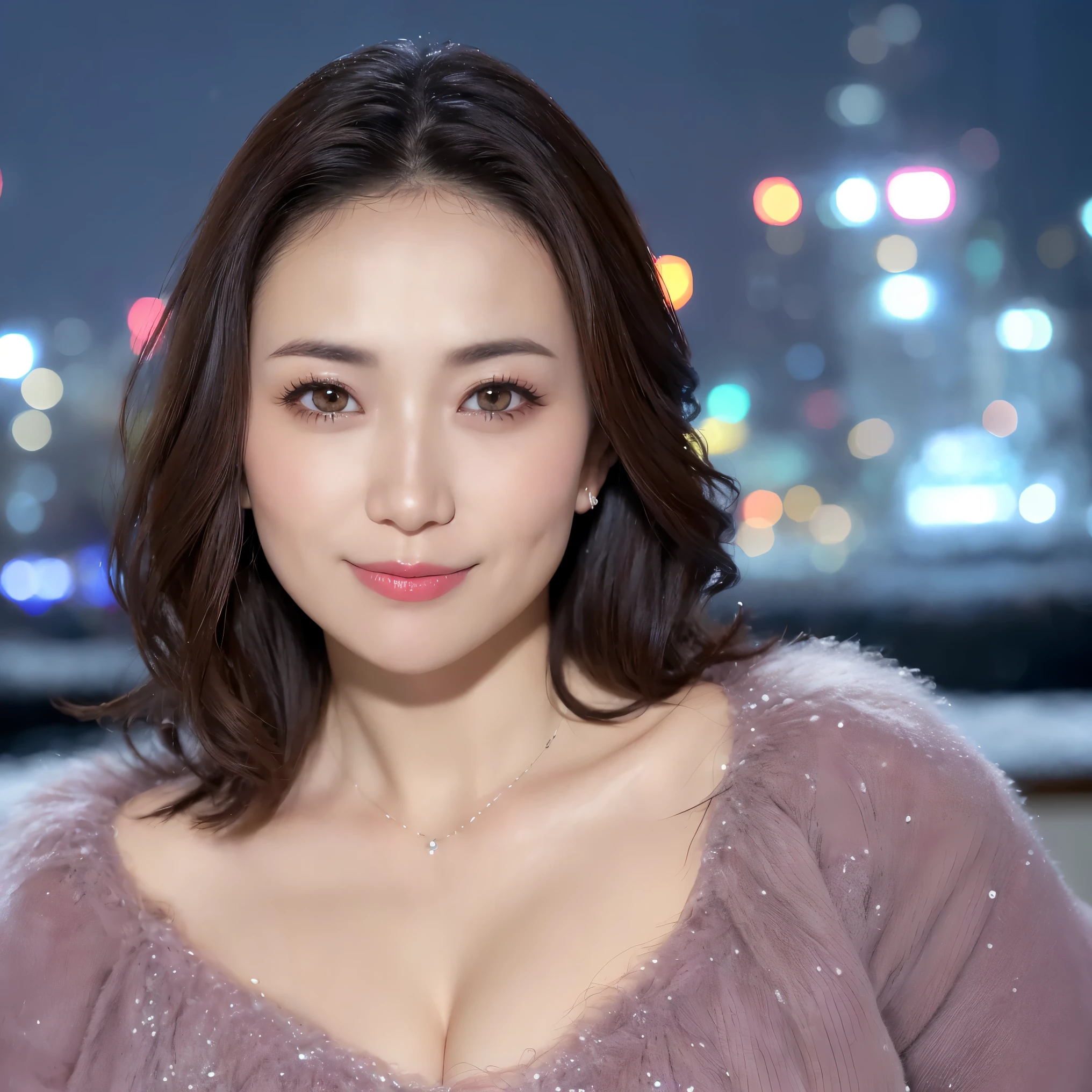 ((highest quality、table top、8K、best image quality、Award-winning work))、one beautiful mature woman、45 year old mature woman、look at me and smile、(close up of face:1.4)、(cleavage:1.1)、(big breasts:1.1)、(Perfect and classy thick fur coat:1.3)、epic movie lighting、(romantic love feelings:1.2)、(The most romantic and moody atmosphere:1.2)、(winter city:1.1)、Snow scenery of the city:1.1)、(The snow in the air sparkles finely:1.2)、(that&#39;It&#39;s snowing heavily:1.1)、(Tyndall effect:1.1)、(Night view of a snowy city:1.5)、Shining beautiful skin、(accurate anatomy:1.1)、Ultra high definition beauty face、long eyelashes、natural makeup、ultra high definition hair、ultra high resolution eyes、(超高解像度でShining beautiful skin:1.1)、Super high resolution glossy lips、radiant beautiful skin