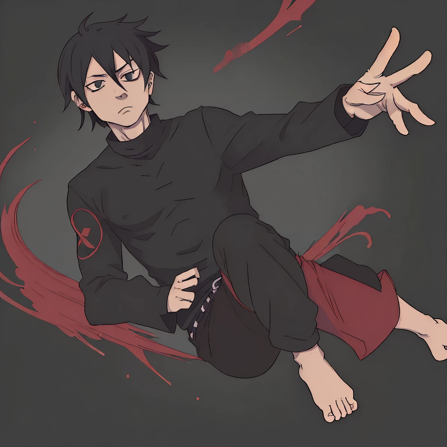 Estilo jujutsu kaisen, ele usa uma camisa de manga longa preta com detalhes marrons, a pair of black trousers, and is making the symbol of the expansion of Gojo's domain