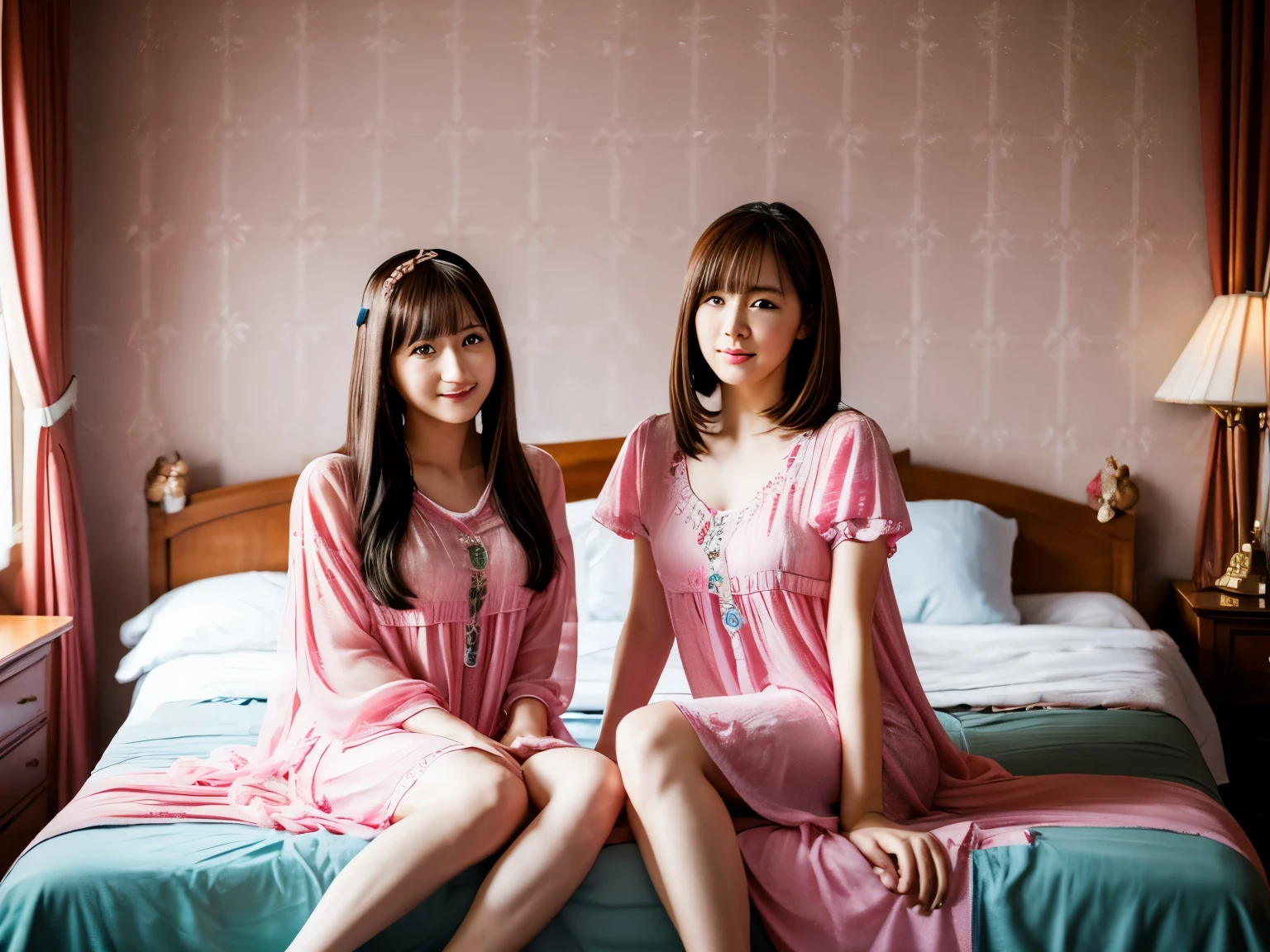 38 year old mother and 22 year old daughter in a palace bedroom。Both of them were wearing short nightgowns.、Legs are visible。They're both looking at me。photograph