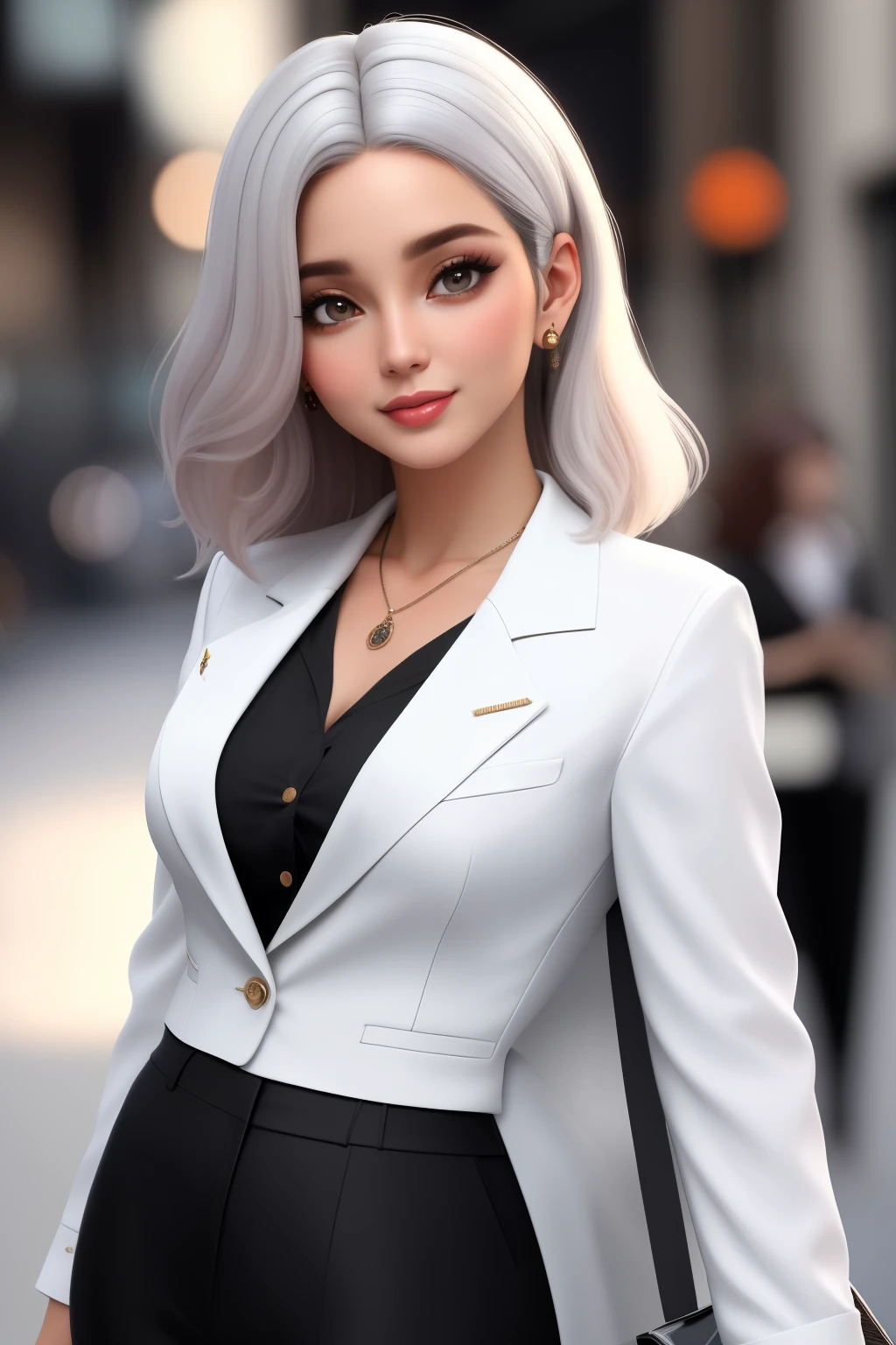 Uma linda garota de 20 anos com, cabelo curto e cacheado, e olhos azuis, Wear a white blouse with a black blazer over it and trousers, businesswoman, bem sucedida