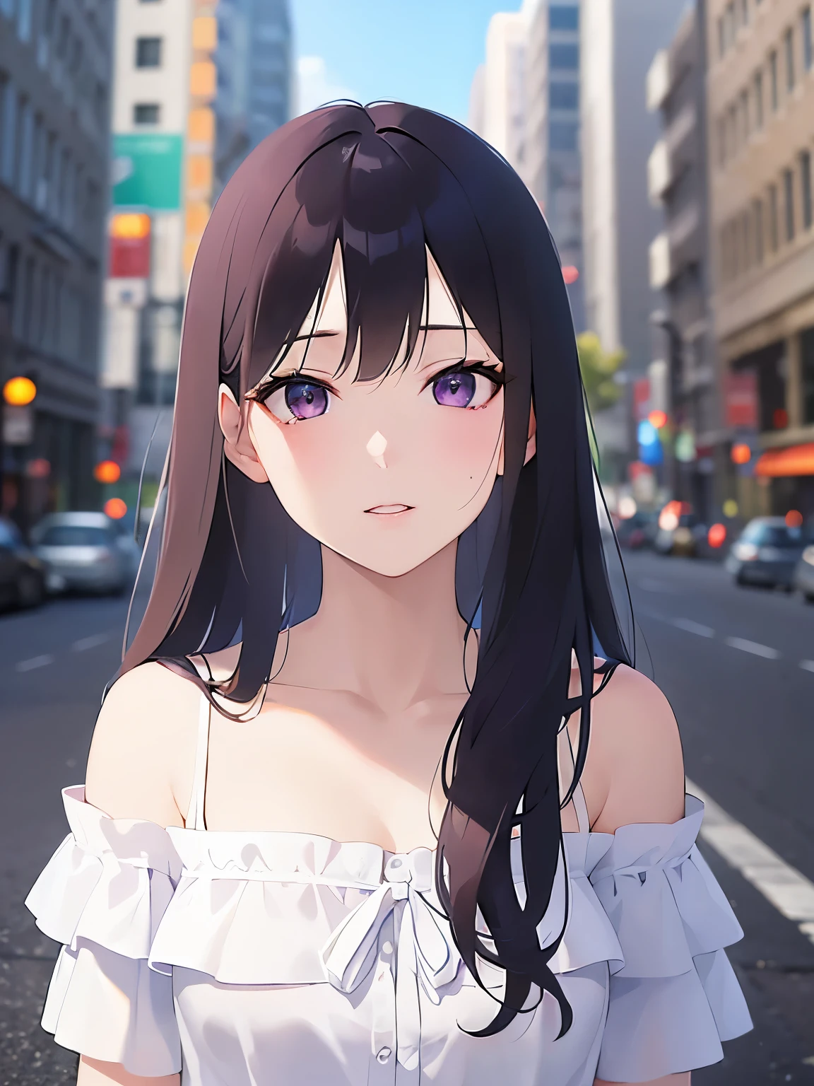 Realistic, real person, (pale skin: 1.2), RAW photo, photorealistic, portrait photography, shiny skin, japanese idol、shiny hair、(25 year old woman with straight medium hair with bangs) and (black hair) and (purple eyes) , (white:1.5) and (off shoulder blouse)、serious expression, The background is Ginza、Alone、Are standing