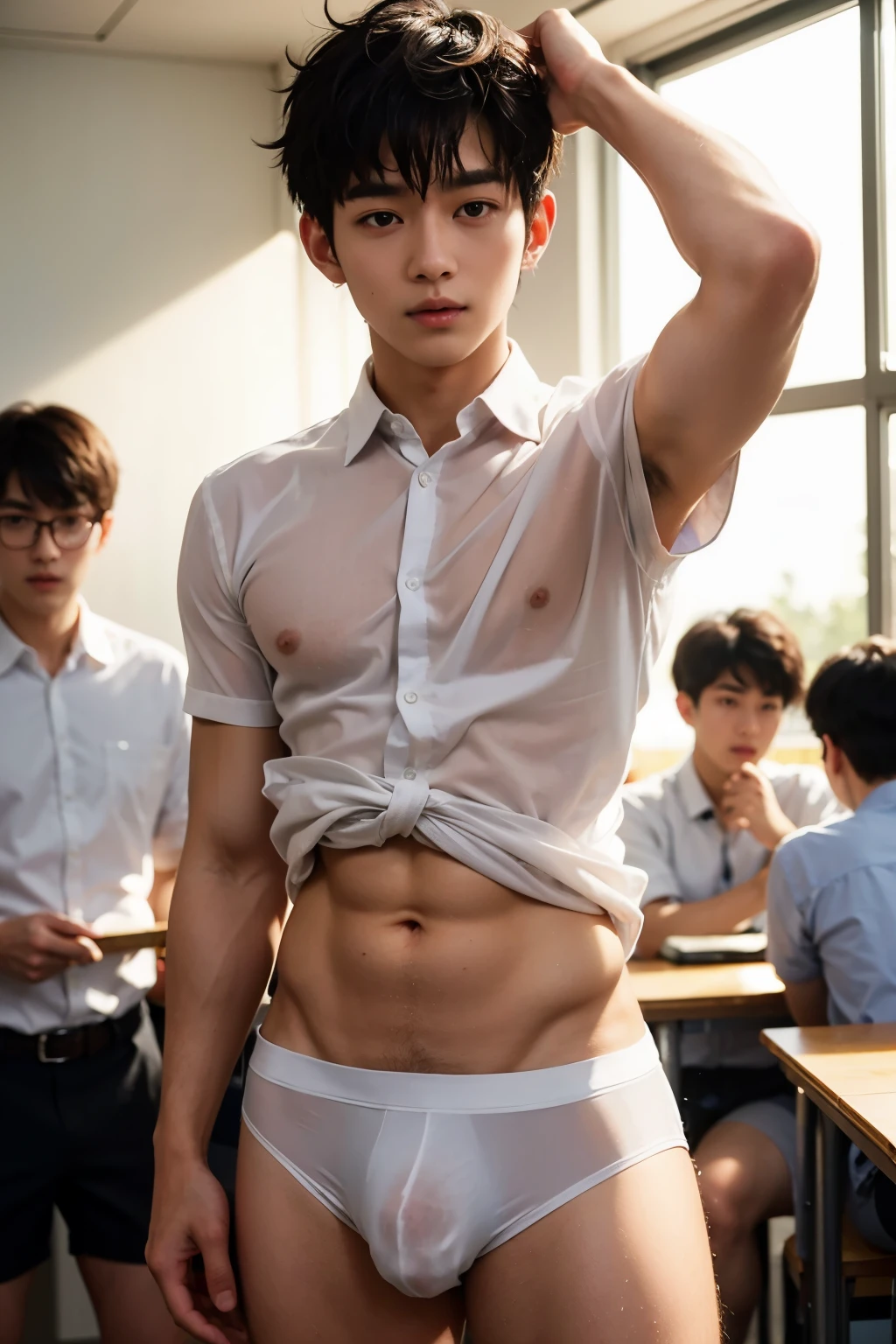 See through white shirt, Super Realistic photography, PROUDLY SHOWING OFF HIS BODY, white uniform shirt, UNIFORM, Cute tern student Wearing uniform shirt, NO PANTS, CLOSED UP DETAILED, sexy student, wearing soaked unbutton white shirt, ABS EXPOSED, Very wet body, very wet, crowded classroom, wearing socks, pantless just wearing soaked white micro undies, Showing off his very hairy armpits, Slim fit body, teenager body, Shota, very cute boy face, boy, Very young teenager boy, Amazing classroom scenery, in the middle of Crowded classroom, dickprint, Sweat dripping all over the body, Proudly showing off his sweaty very hairy armpits to student in the classroom, The colors are bright and vibrant, enhancing the overall aesthetic. The lighting is soft and natural, casting a soft glow on the boy, don't merge body's, detailed eyes and lips, sixpack and fit body. Image quality is of the highest standard, with ultra-detailed features and a realistic appearance.