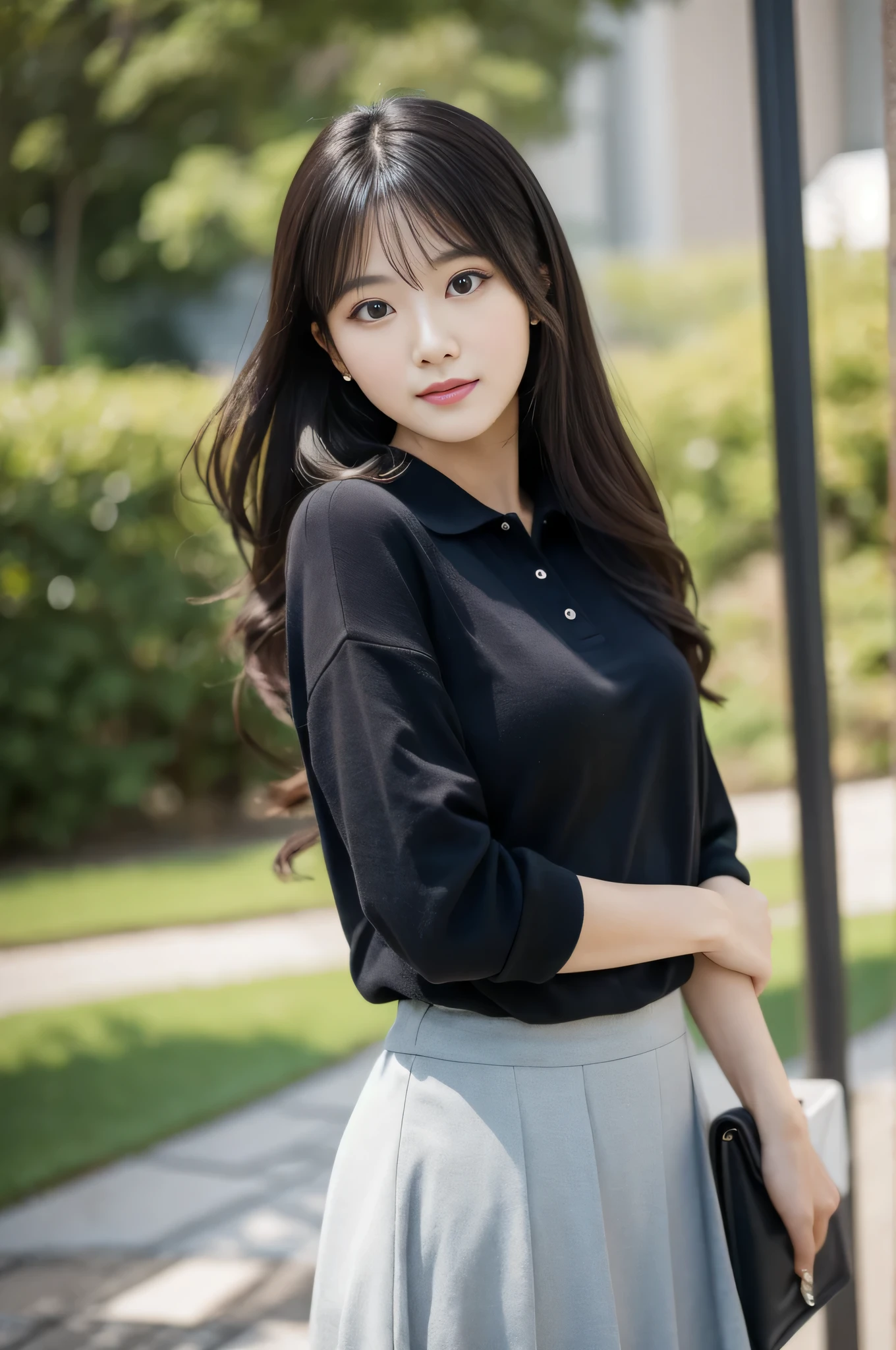 highest quality,masterpiece,32k,realistic,incredibly absurd,Depth of the bounds written、blur background、natural light face focus,perfect female body,Photos of beautiful Japanese women,25 year old girl,standing posture,flower,long hair,black hair,polo shirt,skirt,Happy,