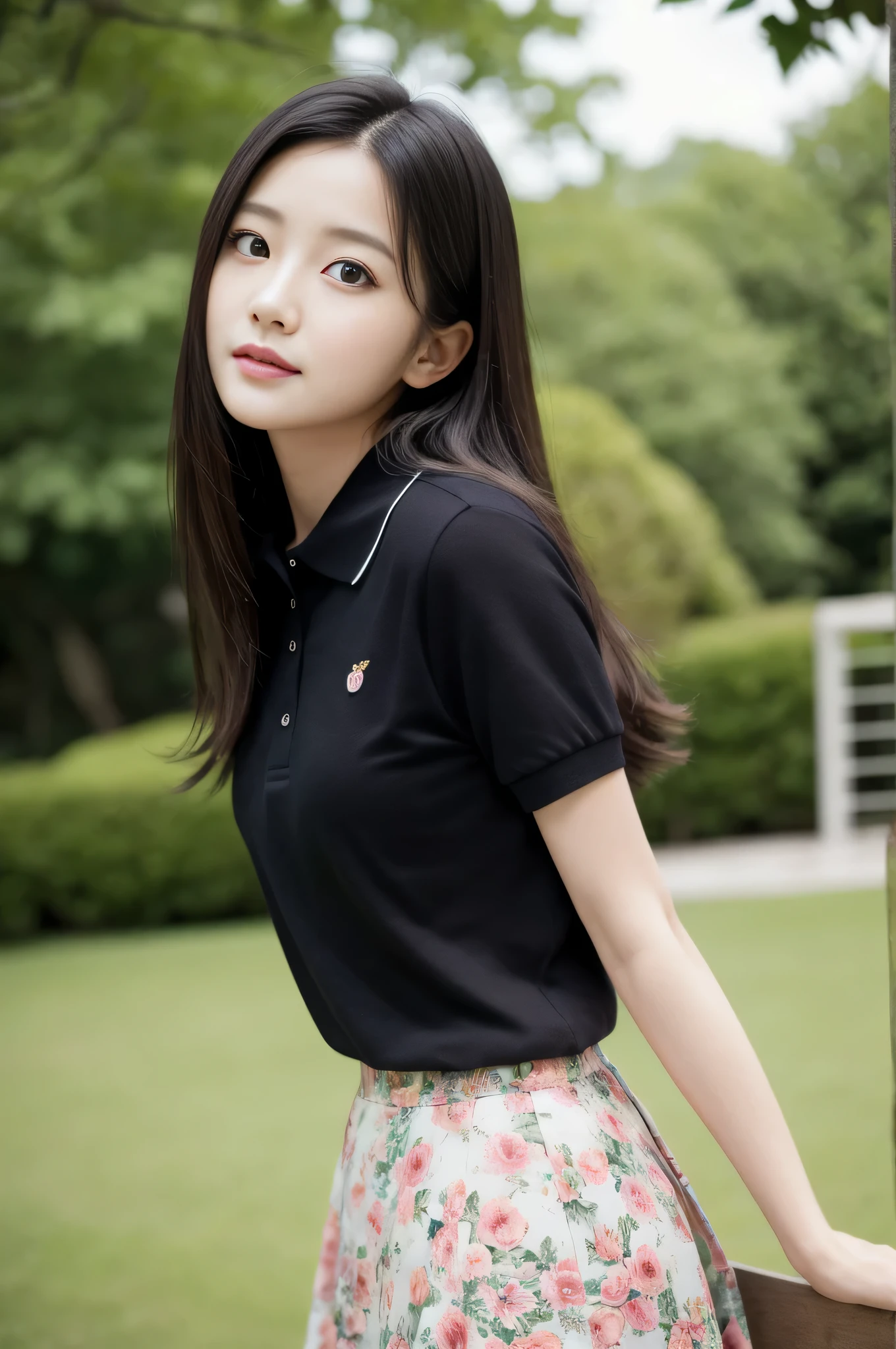 highest quality,masterpiece,32k,realistic,incredibly absurd,Depth of the bounds written、blur background、natural light face focus,perfect female body,Photos of beautiful Japanese women,25 year old girl,standing posture,flower,long hair,black hair,polo shirt,skirt,Happy,