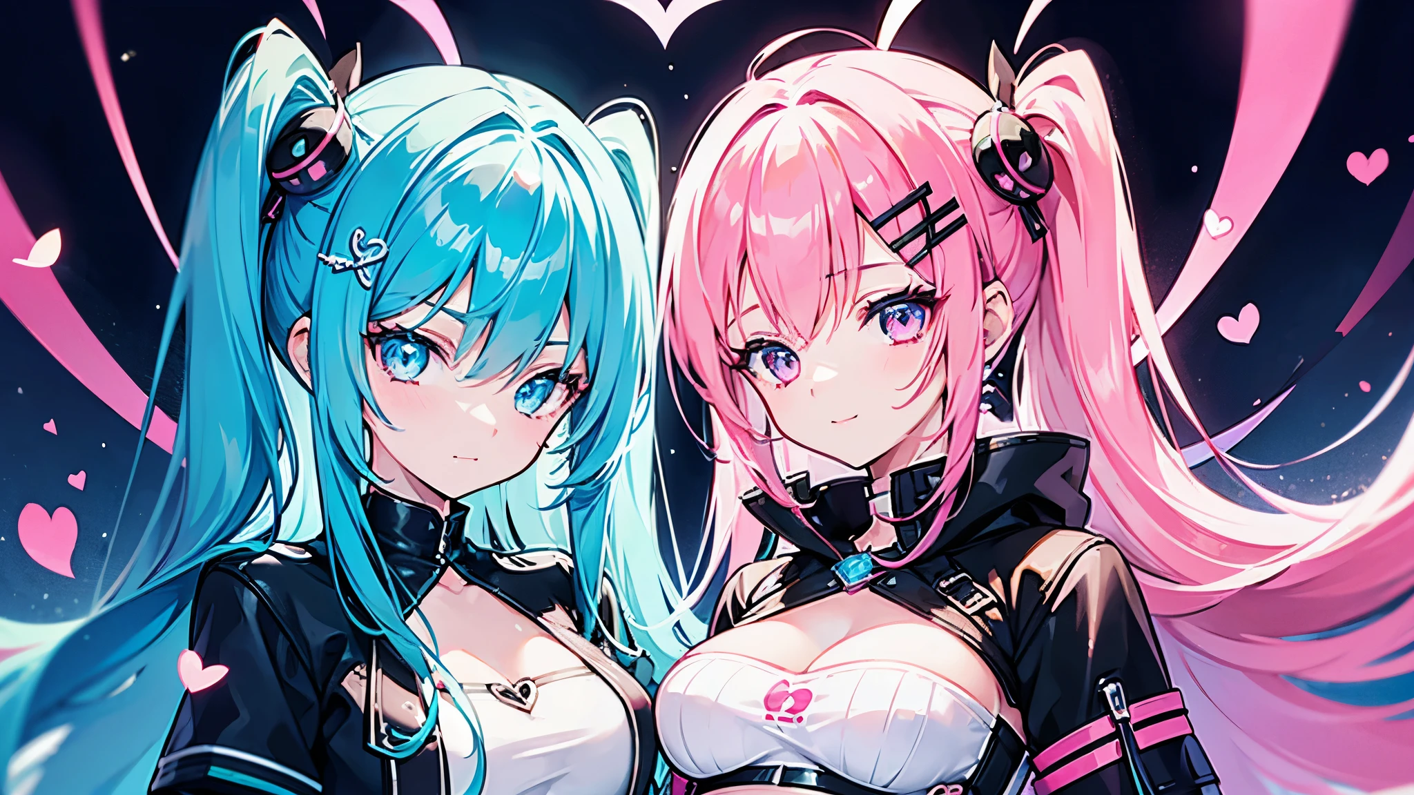 (2 girls, twin), long hair, similar girls, they have different color eyes, a pink hair and blue eyes girl with heart symbol and a blue hair and pink eyes girl with diamond symbol, smile, happy, shiny, dramatic angle, extra detail, (best quality)