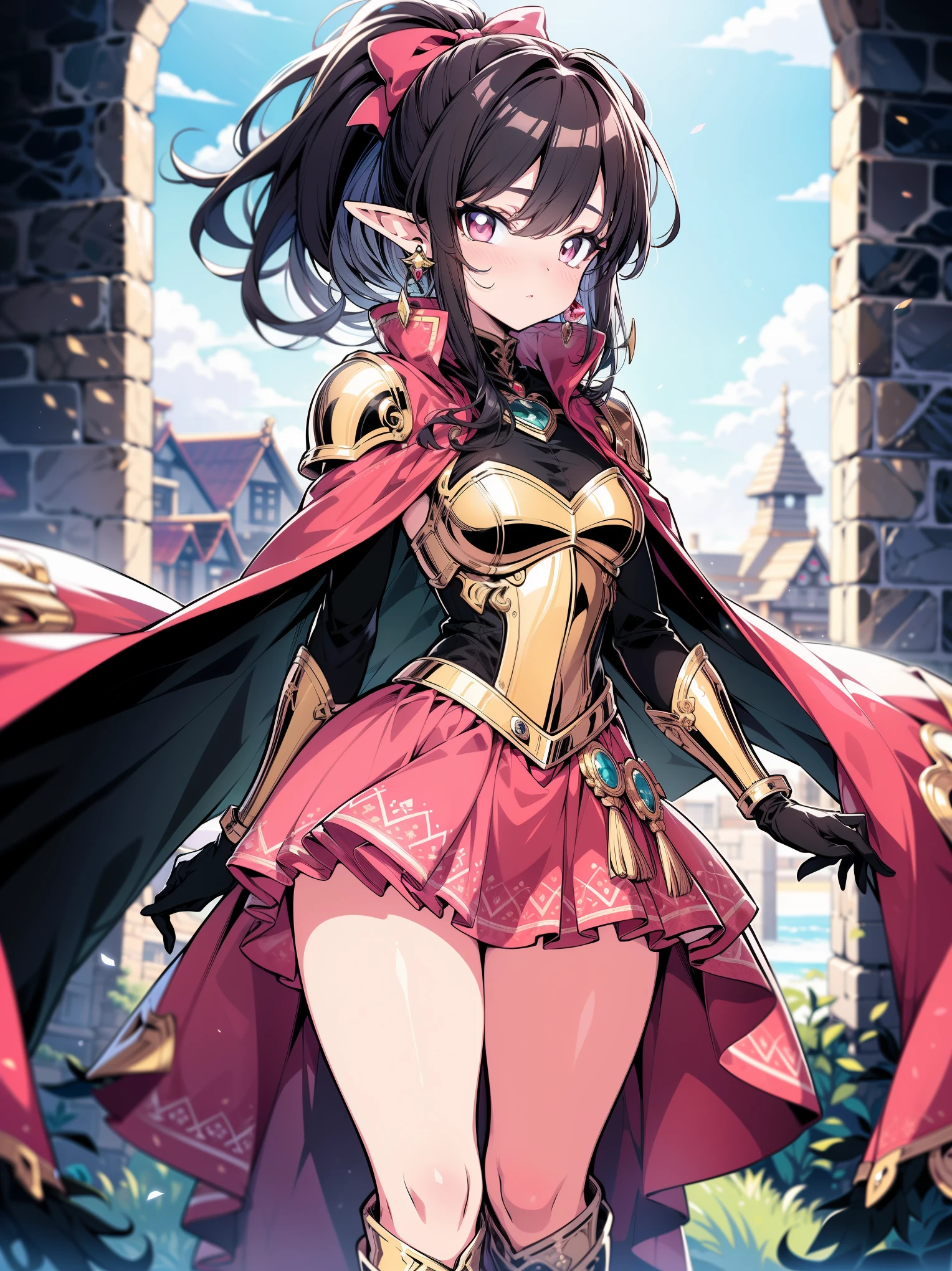 (masterpiece), (cowboy shot), (best quality, ultra-high resolution, depth of field:1.2), (perfect anatomy), Fair skin, Elf girl, pink eyes, black hair in a hime hairstyle, ponytail, pink bow, gold earrings, armor, golden armor, (long skirt:1.2), frills, high thighs boots, cape, fantasy scenery
