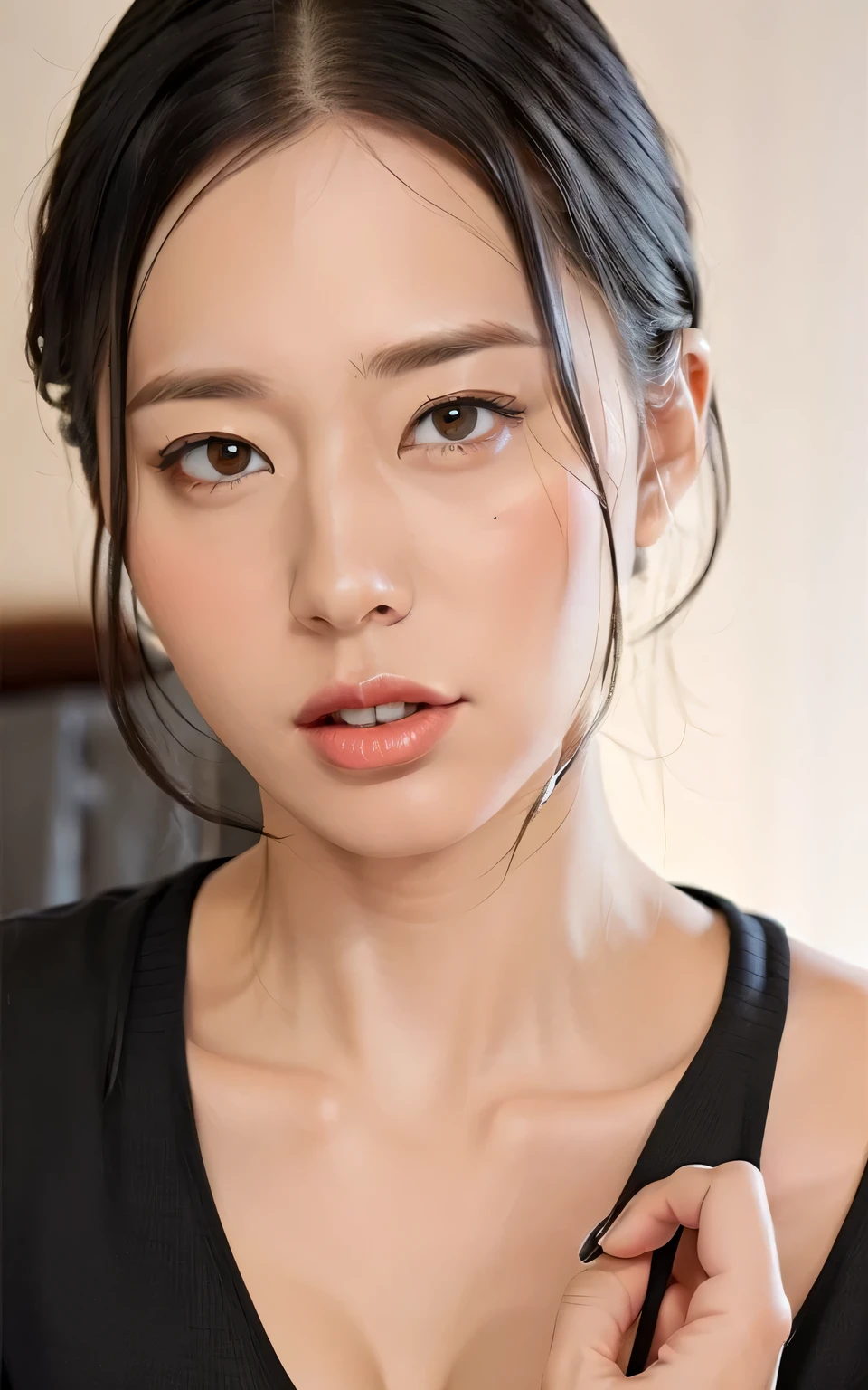 masterpiece,best quality, (1 milf), ((portrait:1.5)), makeup:1.3, waxed hairstyle, elegant black shirt, lewd, erotic, ((seduction expression)),