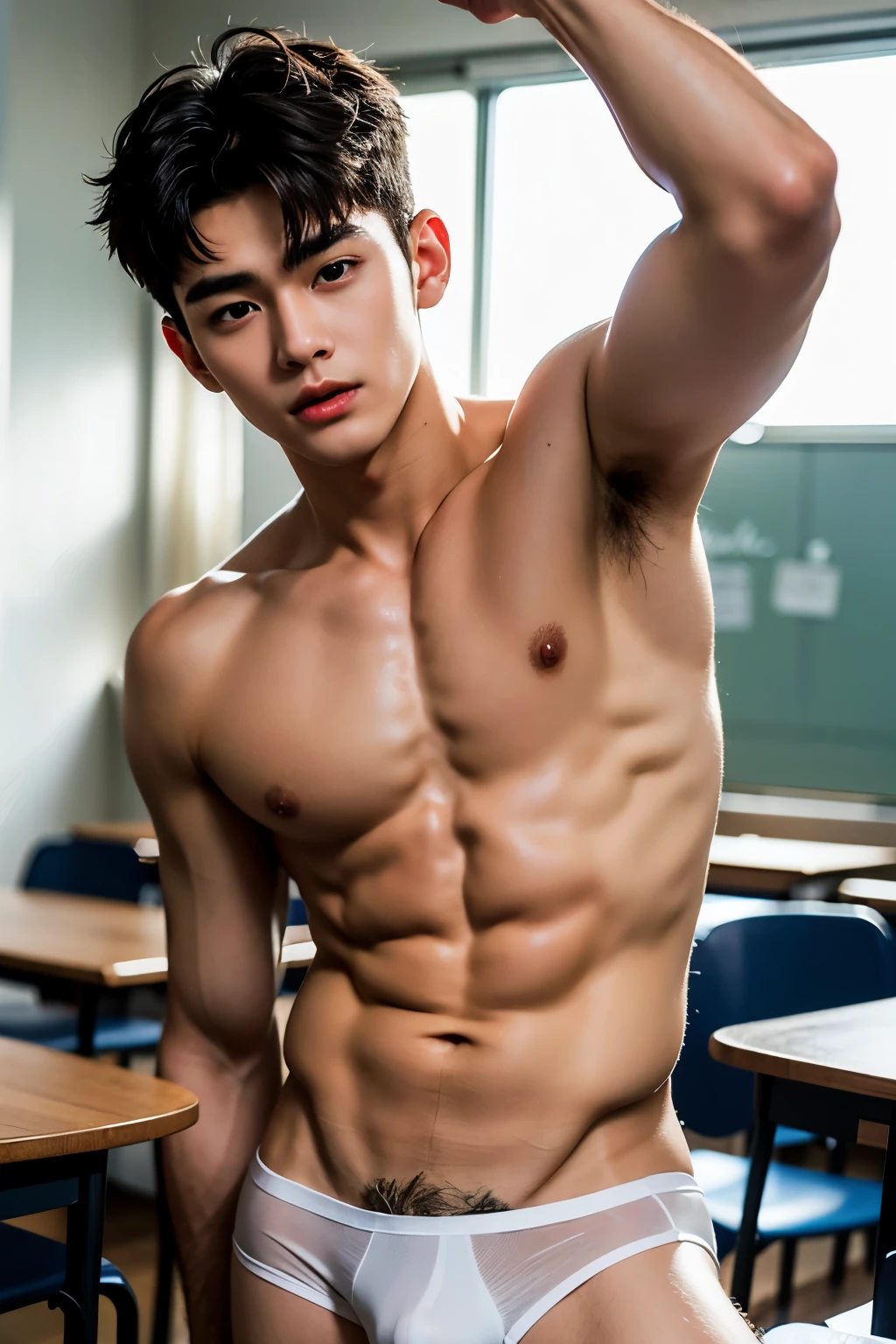 See through white shirt, Super Realistic photography, PROUDLY SHOWING OFF HIS BODY, white uniform shirt, UNIFORM, Cute tern student Wearing uniform shirt, NO PANTS, CLOSED UP DETAILED, sexy student, wearing soaked unbutton white shirt, ABS EXPOSED, Very wet body, very wet, crowded classroom, wearing socks, pantless just wearing soaked white micro undies, Showing off his very hairy armpits, Slim fit body, teenager body, Shota, very cute boy face,  boy, Very young teenager boy, Amazing classroom scenery, in the middle of Crowded classroom, dickprint, Sweat dripping all over the body, Proudly showing off his sweaty very hairy armpits to student in the classroom, The colors are bright and vibrant, enhancing the overall aesthetic. The lighting is soft and natural, casting a soft glow on the boy, don't merge body's, detailed eyes and lips, sixpack and fit body. Image quality is of the highest standard, with ultra-detailed features and a realistic appearance.